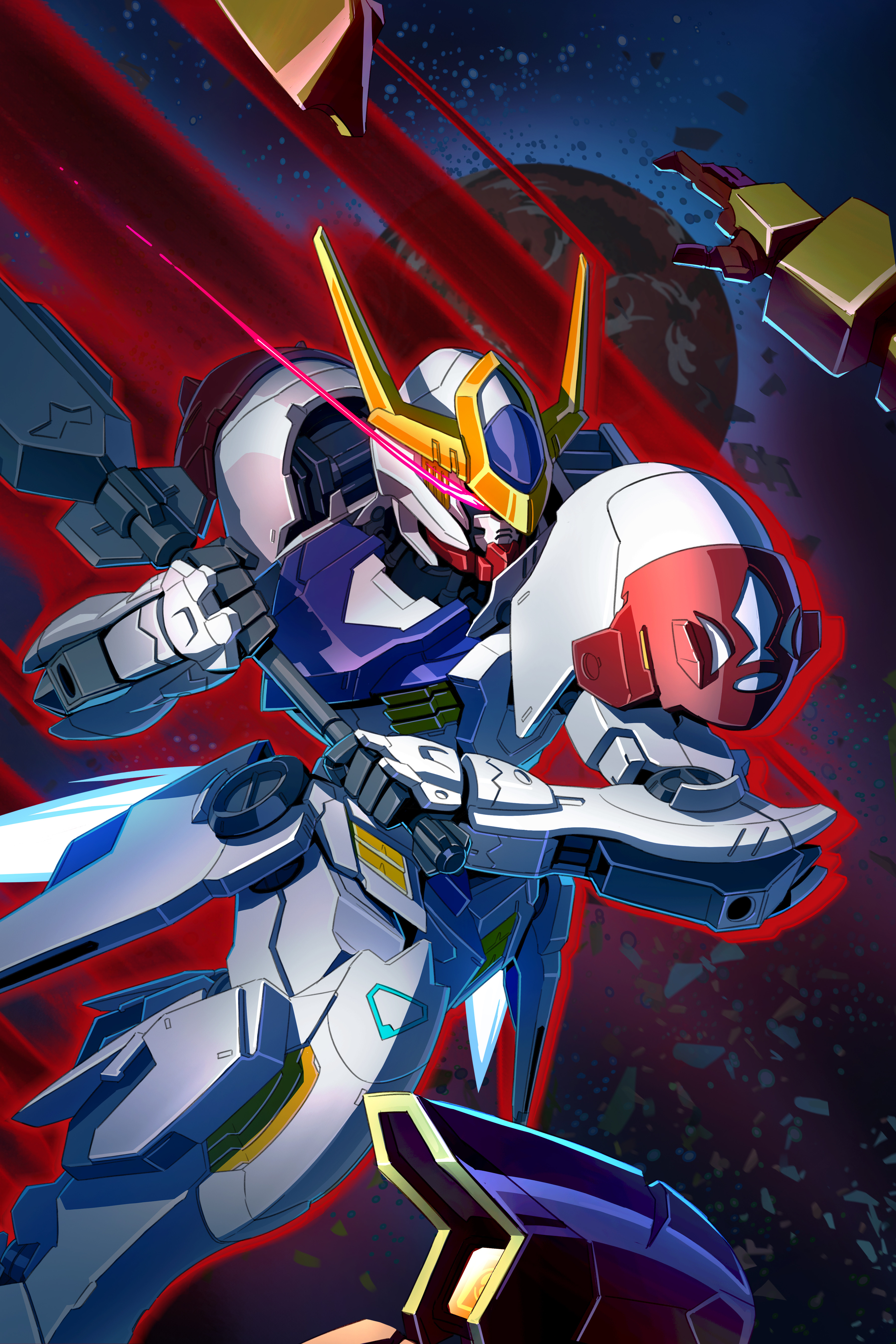 artofwill, graze (mobile suit), gundam barbatos, gundam, gundam tekketsu no orphans, absurdres, commentary, english commentary, highres, battle, debris, eye trail, holding, holding weapon, light trail, mars (planet), mecha, mecha focus, mobile suit, no humans, red eyes, robot, science fiction, solo focus, space, v-fin, weapon