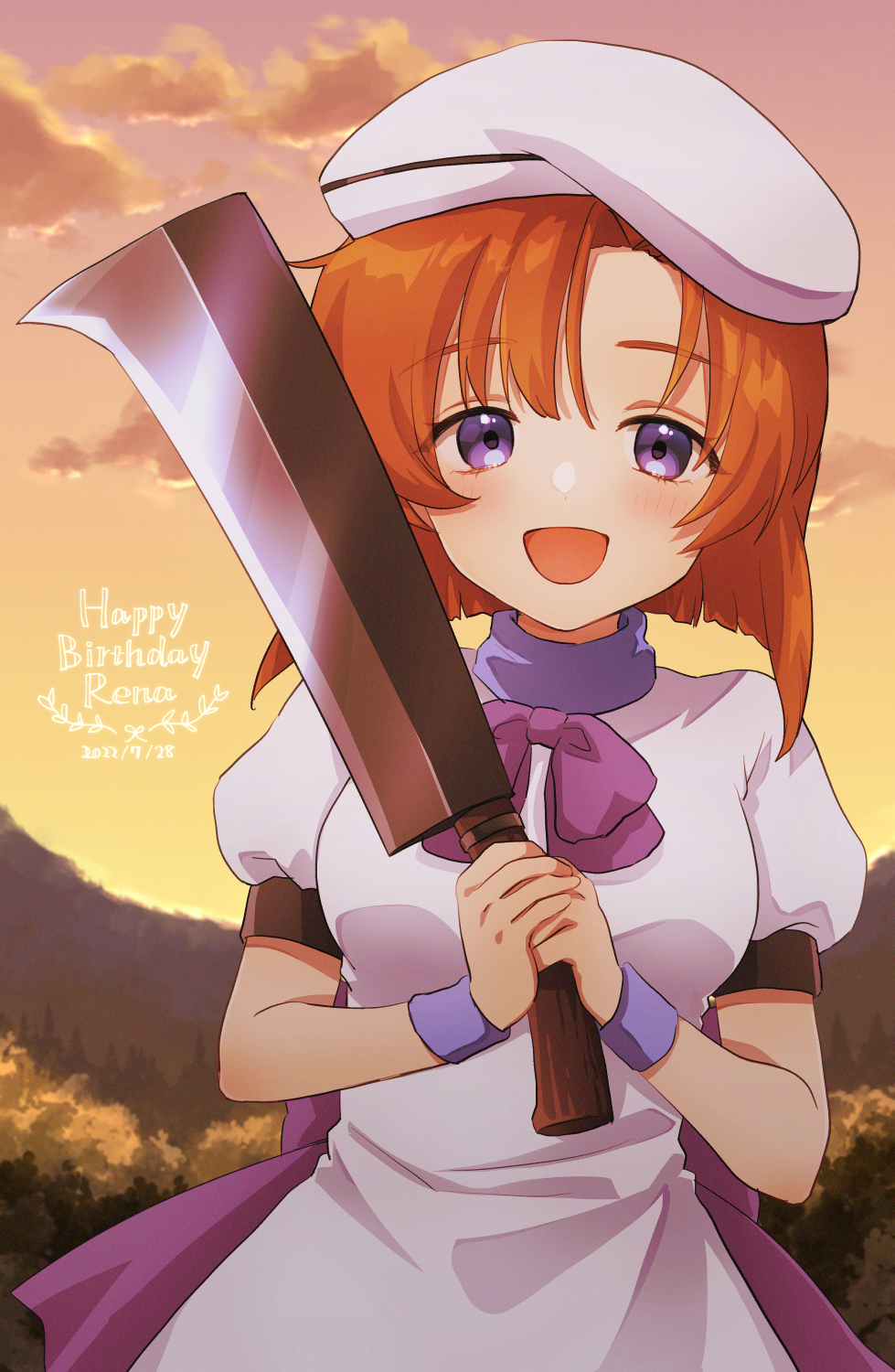 murara, ryuuguu rena, higurashi no naku koro ni, commentary, highres, 1girl, :d, back bow, blue eyes, blue wrist cuffs, blush, bow, breasts, character name, dot nose, dress, forest, happy birthday, hashitsuki nata, hat, looking at viewer, medium breasts, medium hair, nata (tool), nature, open mouth, orange hair, puffy short sleeves, puffy sleeves, purple bow, short sleeves, smile, solo, sunset, tree, upper body, white dress, white hat, wrist cuffs