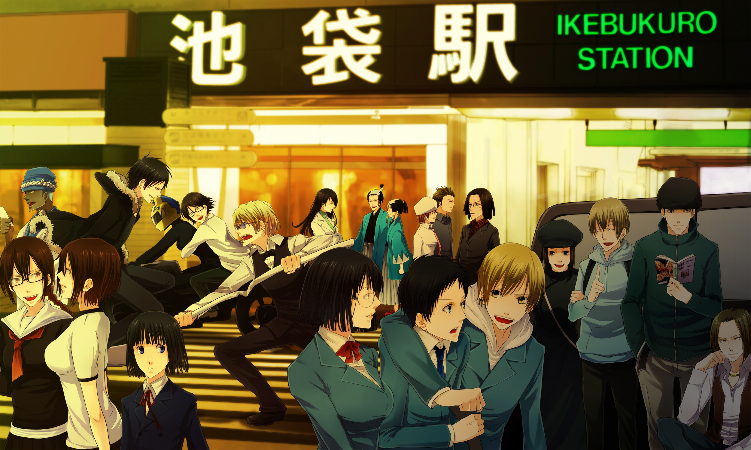 kanameyura, awakusu akane, celty sturluson, harima mika, heiwajima shizuo, isaac dian, kadota kyouhei, karisawa erika, kida masaomi, kishitani shinra, miria harvent, orihara izaya, orihara kururi, orihara mairu, ryuugamine mikado, simon brezhnev, sonohara anri, tanaka tom, togusa saburou, yagiri namie, yagiri seiji, yumasaki walker, baccano!, durarara!!, vehicle, bad id, bad pixiv id, highres, 6+boys, 6+girls, backpack, bag, black hair, blonde hair, blue eyes, bob cut, bodysuit, bow, bowtie, braid, breasts, brown eyes, closed eyes, coat, cosplay, dreadlocks, formal clothes, glasses, green eyes, gym uniform, hat, helmet, hood, hoodie, japanese clothes, jewelry, large breasts, long hair, manga (object), motor vehicle, motorcycle, motorcycle helmet, multiple boys, multiple girls, necklace, orange hair, randoseru, red eyes, school uniform, shinsengumi, short hair, sign, suit, sweater, tuxedo, twin braids, yellow eyes