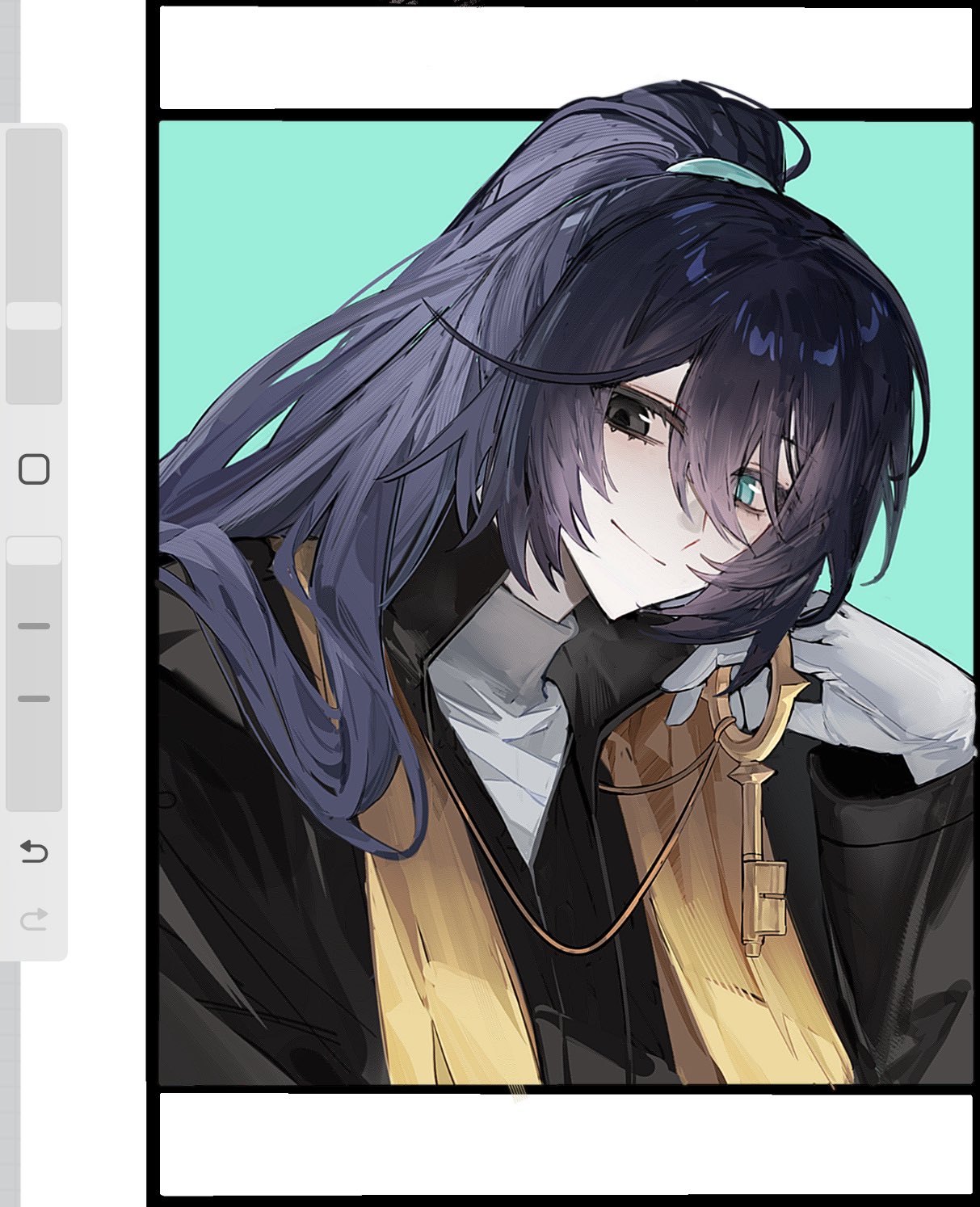 bochishiraita, hong lu (project moon), limbus company, project moon, highres, 1boy, aqua background, aqua eyes, art program in frame, art program request, black coat, black eyes, coat, dieci association south uniform, gloves, hair between eyes, heterochromia, high collar, high ponytail, holding, holding key, jewelry, key, key necklace, long hair, looking down, male focus, necklace, official alternate costume, ponytail, sash, shirt, smile, solo, stole, turtleneck, turtleneck shirt, white gloves, white shirt, yellow sash