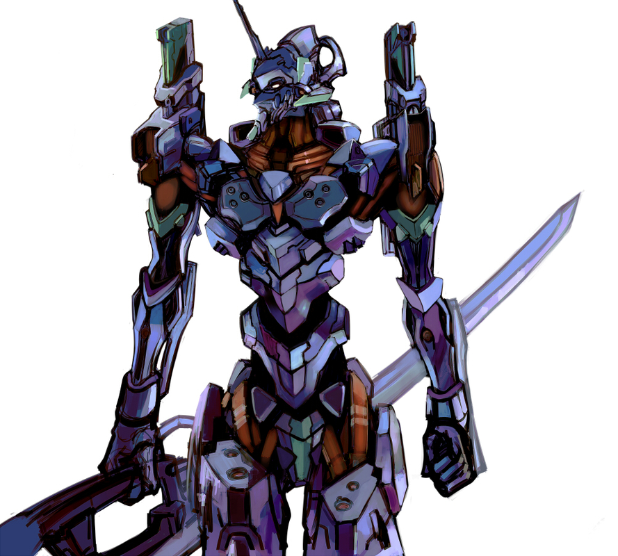 kansou samehada, eva 01, neon genesis evangelion, neon genesis evangelion anima, bad id, bad pixiv id, mecha, mecha focus, robot, simple background, sword, weapon