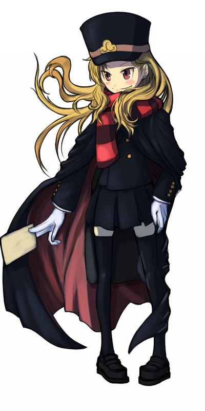 kansou samehada, whiteshark, chiaki (shigofumi), shigofumi, bad id, bad pixiv id, 00s, 1girl, blonde hair, brown eyes, cape, female focus, gloves, hat, long hair, red eyes, scarf, shako cap, simple background, skirt, solo, striped clothes, striped scarf, thighhighs