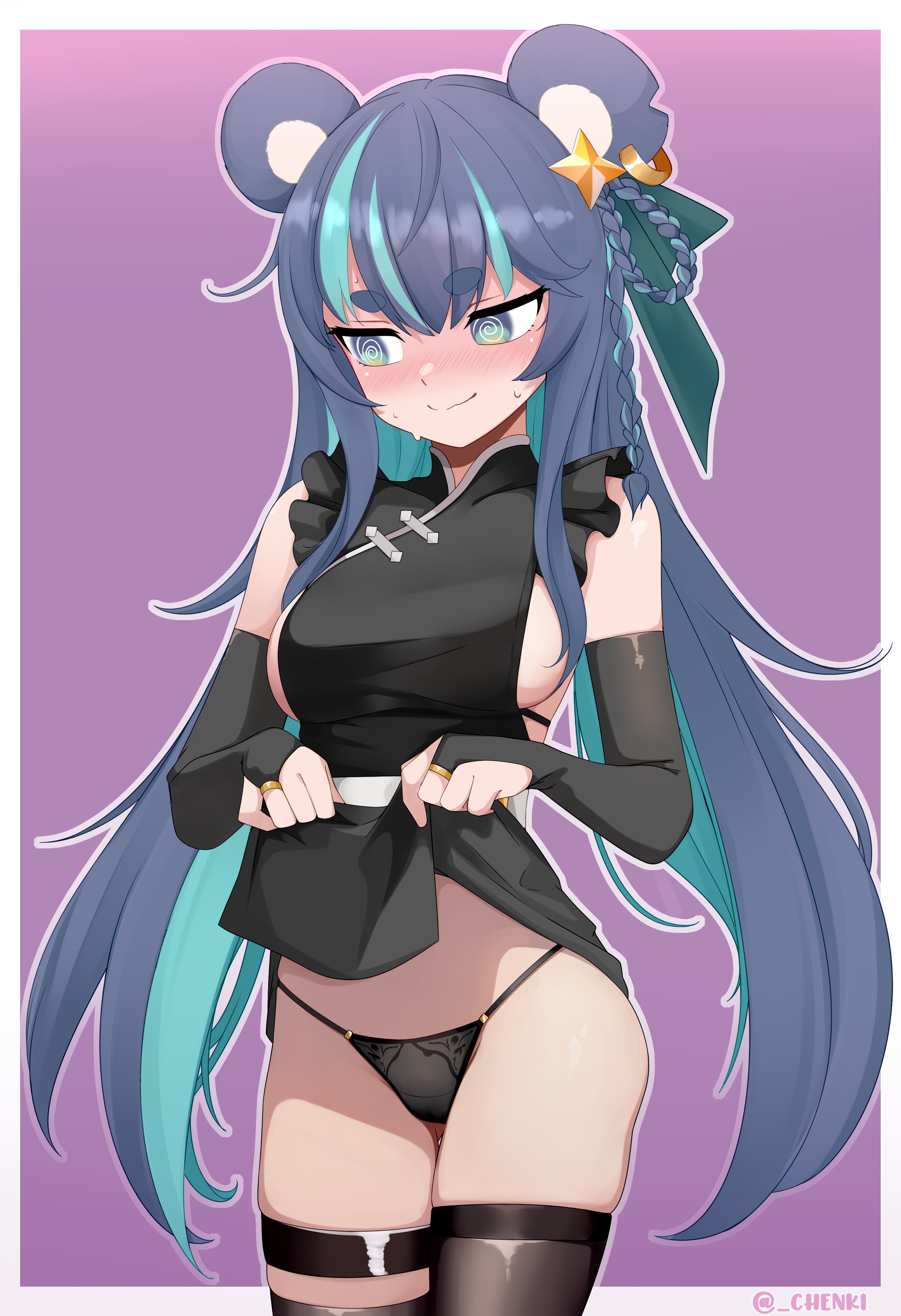 chenki (chenki), fujikura uruka, phase connect, absurdres, commentary, english commentary, highres, 1girl, @ @, animal ears, averting eyes, bear ears, bear girl, black panties, black thighhighs, blue hair, blush, braid, breasts, bridal gauntlets, closed mouth, clothes lift, dress, dress lift, large breasts, lifting own clothes, long hair, multicolored hair, nervous smile, nervous sweating, panties, sideboob, smile, solo, streaked hair, sweat, thick eyebrows, thighhighs, underwear