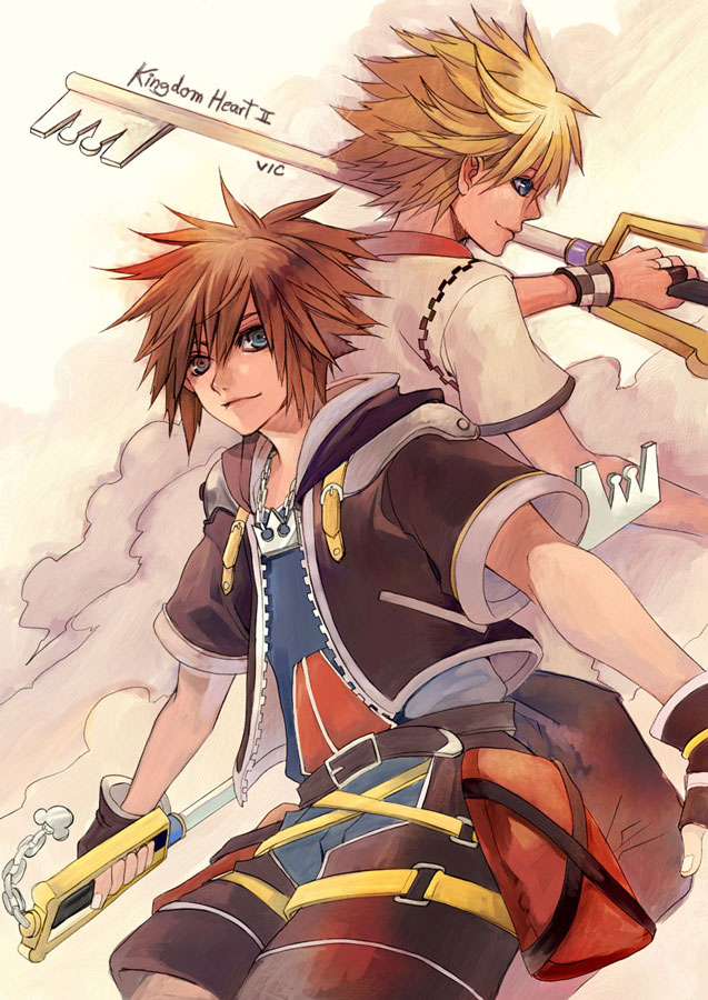vic-mon, vic mon, roxas, sora (kingdom hearts), kingdom hearts, kingdom hearts ii, bad deviantart id, bad id, 2boys, back-to-back, blonde hair, blue eyes, brown hair, gloves, gradient background, keyblade, male focus, multiple boys, short hair, smile