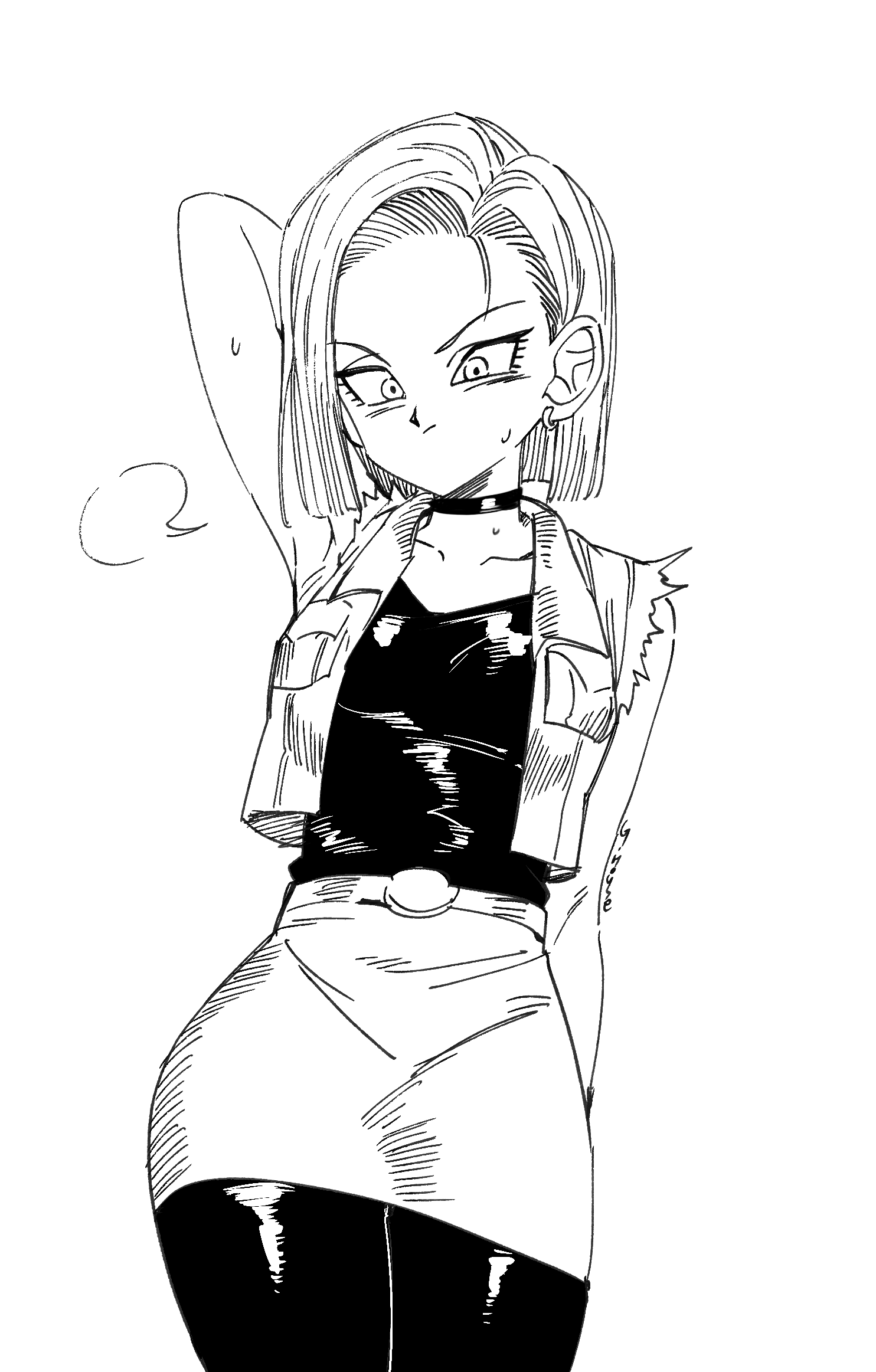 android 18, dragon ball, dragonball z, highres, 1girl, arm behind head, arm up, belt, belt buckle, buckle, choker, earrings, ghouse 01, jacket, jewelry, lineart, long hair, pantyhose, shirt, skirt, sleeveless, sleeveless jacket, sweat, thick thighs, thighs