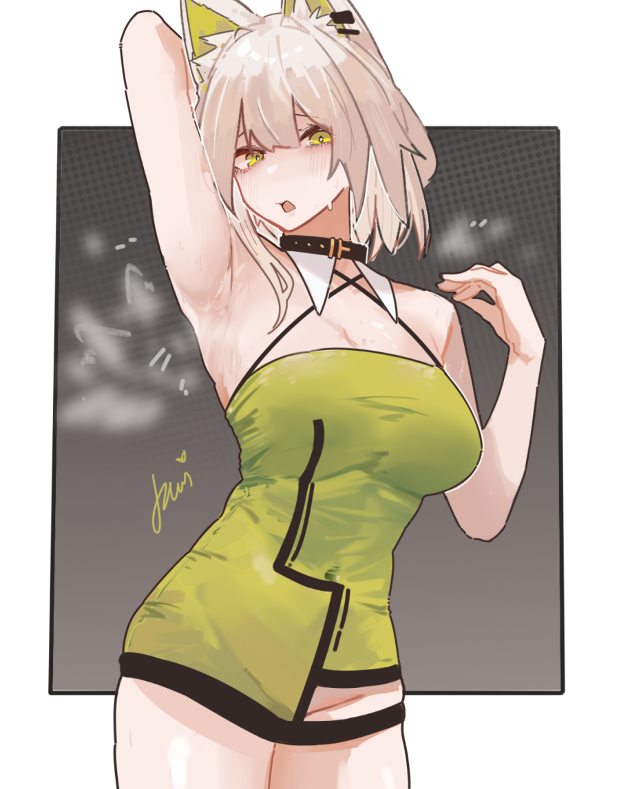 nuggetkouhai, kal'tsit (arknights), arknights, commentary, 1girl, alternate breast size (larger), animal ear fluff, animal ears, armpits, bare shoulders, belt collar, border, breasts, cat ears, cleavage, collar, dress, green dress, green eyes, grey background, grey hair, large breasts, open mouth, short hair, simple background, solo, thighs, white border