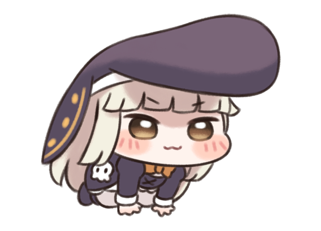 speaki (trickcal), trickcal, commentary request, 1girl, :3, blush stickers, brown eyes, chibi, doyagao, long hair, meme, nipruku, pompadour, smug, solo, speakiposting (meme), white background