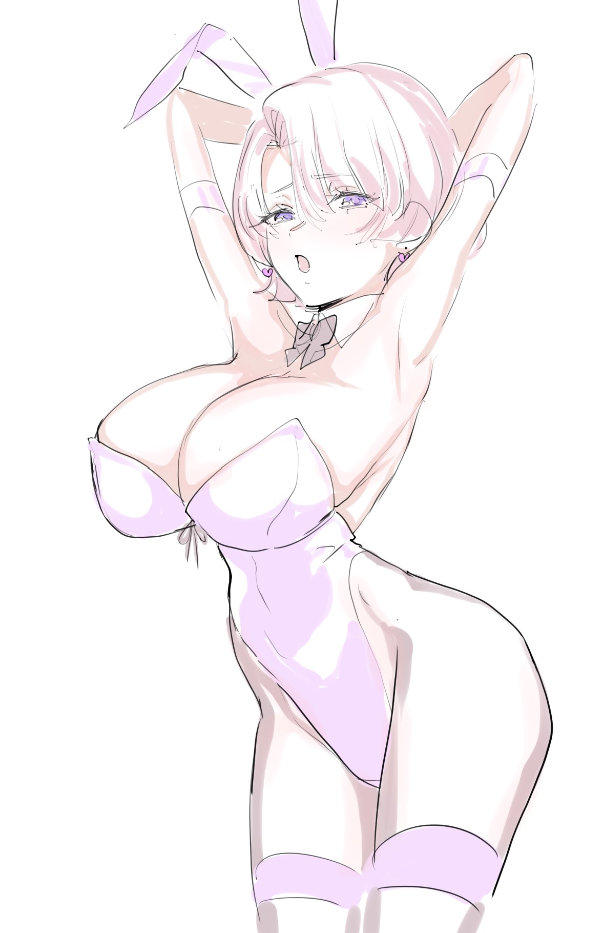 mogi yasunobu, arimura mao, gakuen idolmaster, idolmaster, commentary request, highres, 1girl, animal ear hairband, animal ears, arm strap, arms behind head, breasts, detached collar, fake animal ears, groin, hairband, hip bones, hip dips, large breasts, leotard, pink hair, pink leotard, playboy bunny, rabbit ear hairband, rabbit ears, solo, thigh strap, wide hips