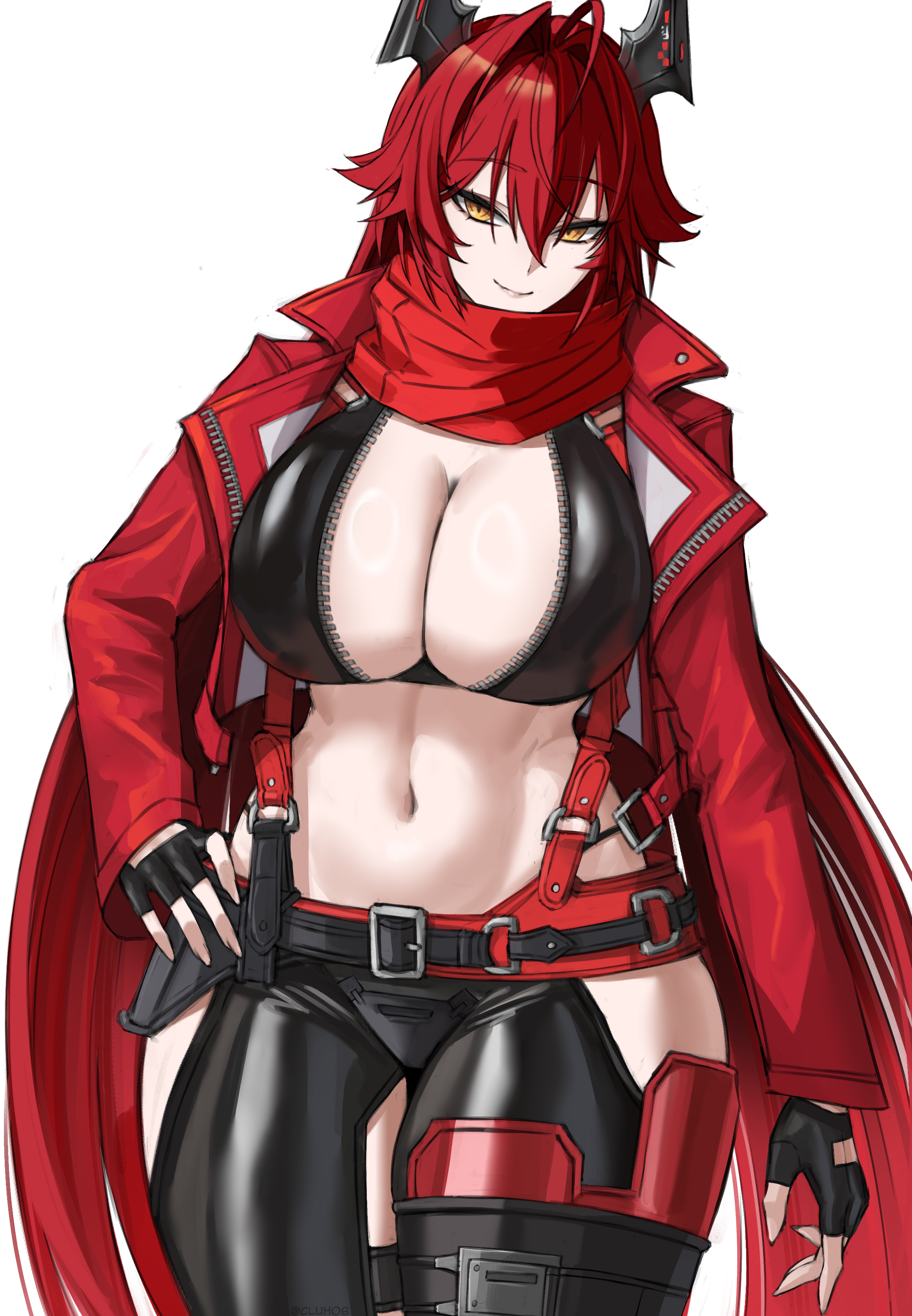 cluhob, red hood (nikke), goddess of victory: nikke, absurdres, commentary, english commentary, highres, 1girl, black gloves, breasts, cleavage, clothing cutout, crotch plate, gloves, hand on own hip, hip vent, horns, jacket, large breasts, latex bikini, leather, leather jacket, leather pants, looking at viewer, mechanical horns, midriff, navel, pants, partially fingerless gloves, red hair, red scarf, scarf, simple background, smile, solo, unzipped, white background, yellow eyes