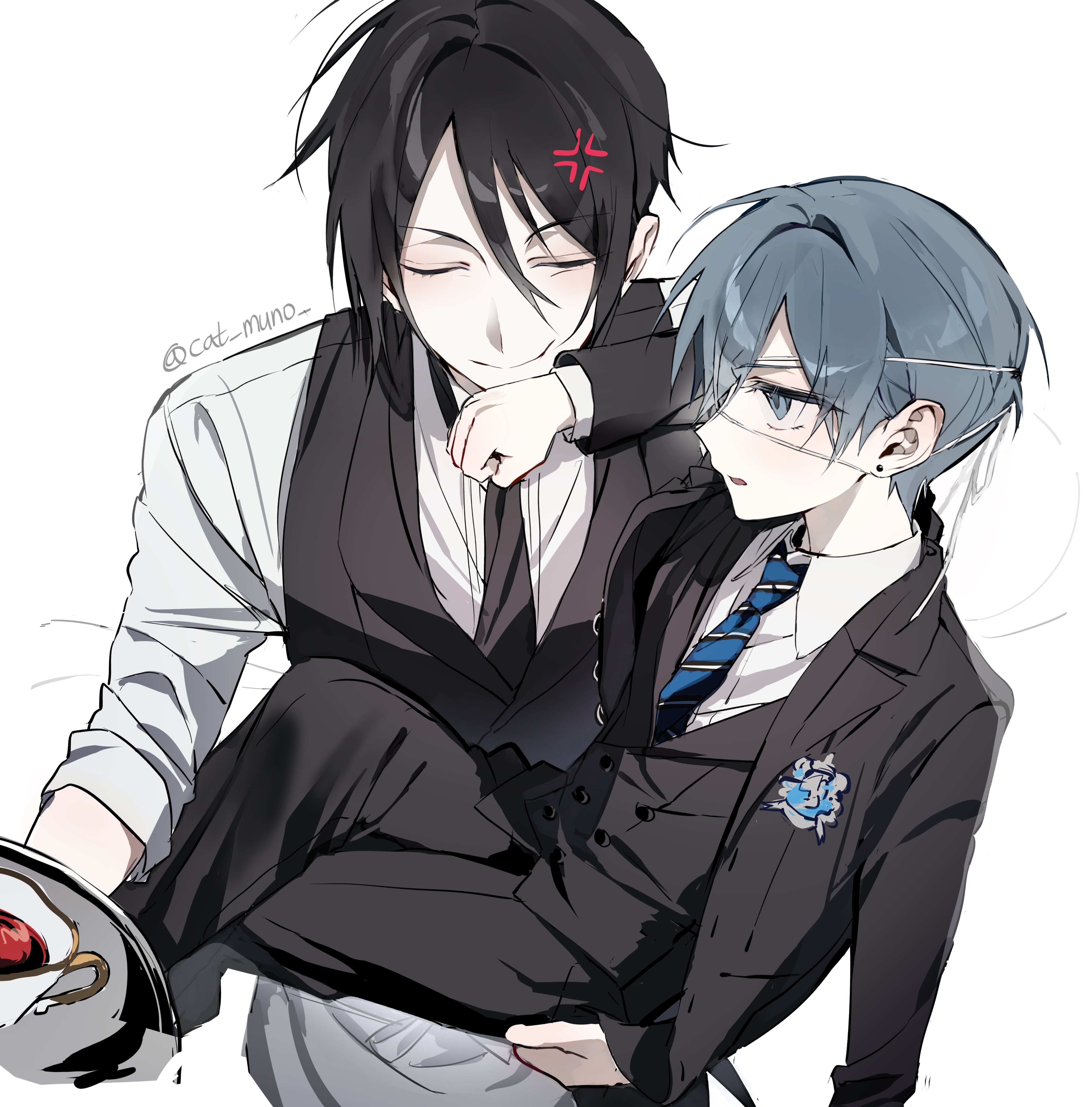 cat muno, ciel phantomhive, sebastian michaelis, kuroshitsuji, absurdres, highres, 2boys, anger vein, black hair, black necktie, black pants, black suit, black vest, blue eyes, blue hair, blue necktie, buttons, carrying, carrying person, closed eyes, closed mouth, collared shirt, crossed legs, eyepatch, formal clothes, holding, holding plate, jacket, layered sleeves, long sleeves, looking at another, male focus, multiple boys, necktie, open clothes, open jacket, pants, parted bangs, plate, shirt, striped clothes, striped necktie, suit, suit jacket, twitter username, vest, white background, white shirt, wing collar