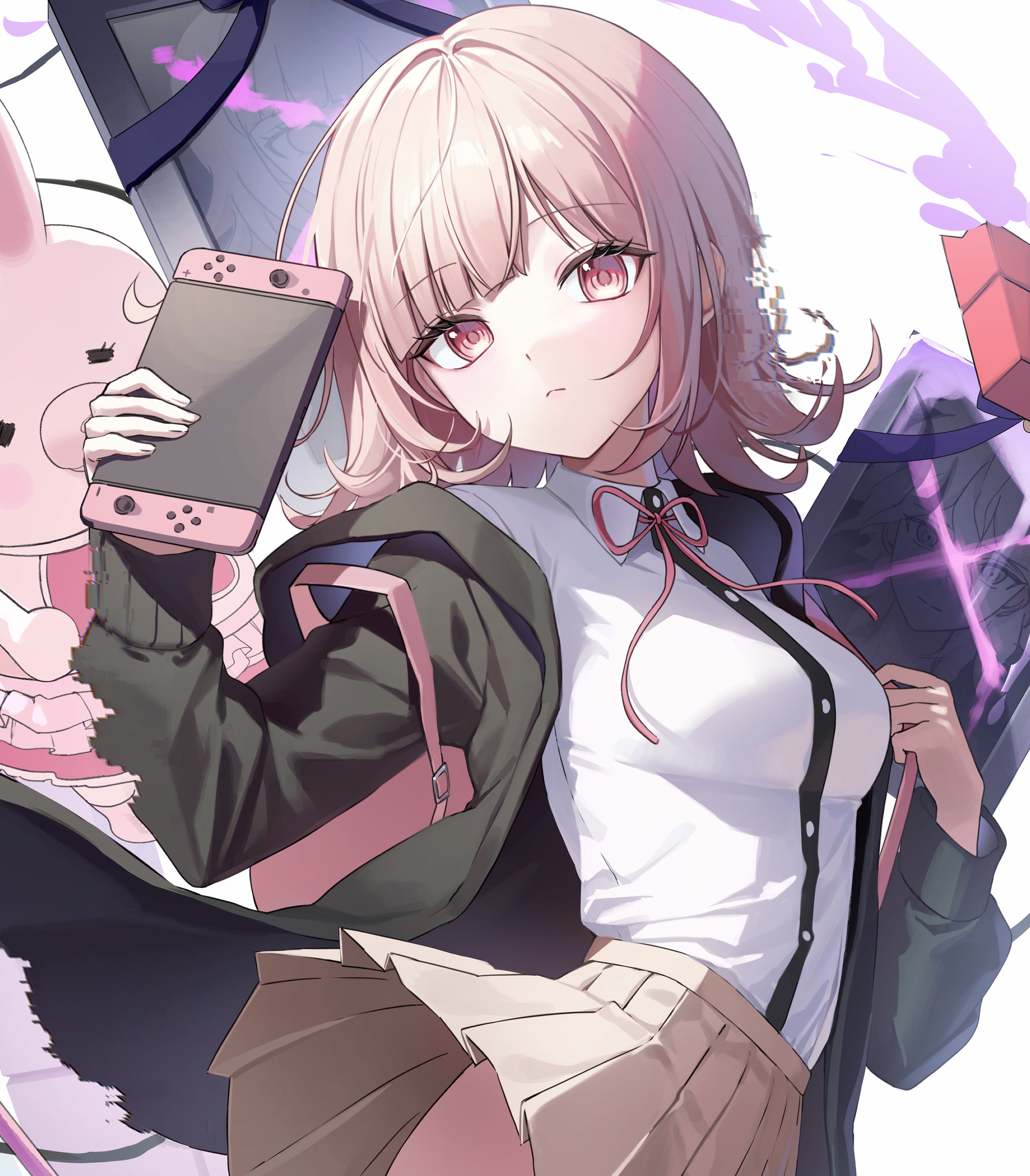 as4 s2, komaeda nagito, nanami chiaki, usami (danganronpa), danganronpa (series), danganronpa 2: goodbye despair, absurdres, highres, spoilers, 1girl, backpack, bag, black jacket, black shirt, blood, brown hair, closed mouth, cowboy shot, dress shirt, glitch, handheld game console, holding, holding handheld game console, iei, jacket, long sleeves, medium hair, miniskirt, no hair ornament, open clothes, open jacket, pink bag, pink blood, pink eyes, shirt, skirt, two-tone shirt, white shirt
