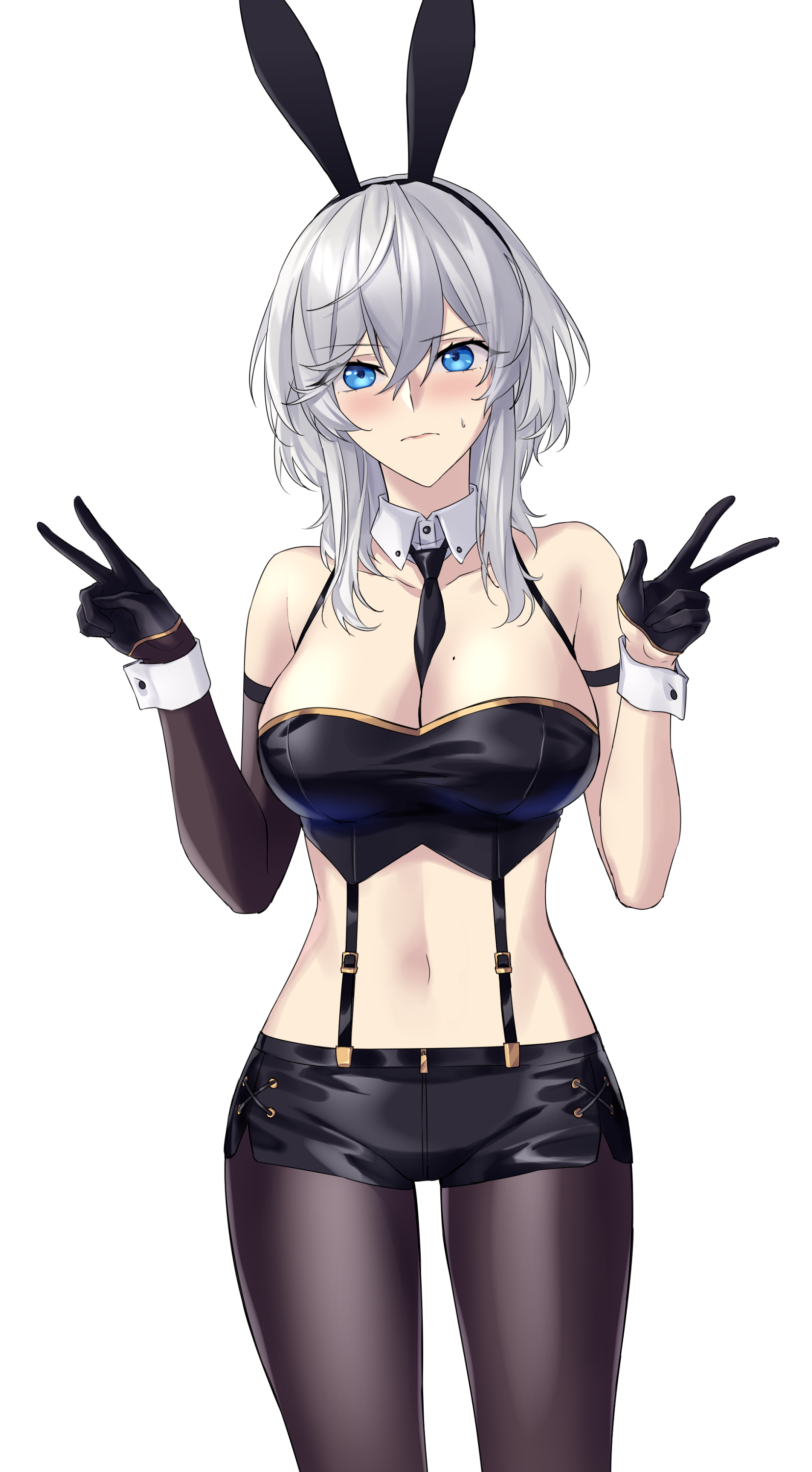 suprii, washington (azur lane), azur lane, absurdres, commentary, english commentary, highres, 1girl, between breasts, black gloves, black necktie, black pantyhose, black shorts, blue eyes, blush, breasts, cleavage, detached collar, double v, gloves, grey hair, hair between eyes, half gloves, large breasts, medium hair, midriff, mole, mole on breast, necktie, necktie between breasts, pantyhose, shorts, simple background, solo, v, white background