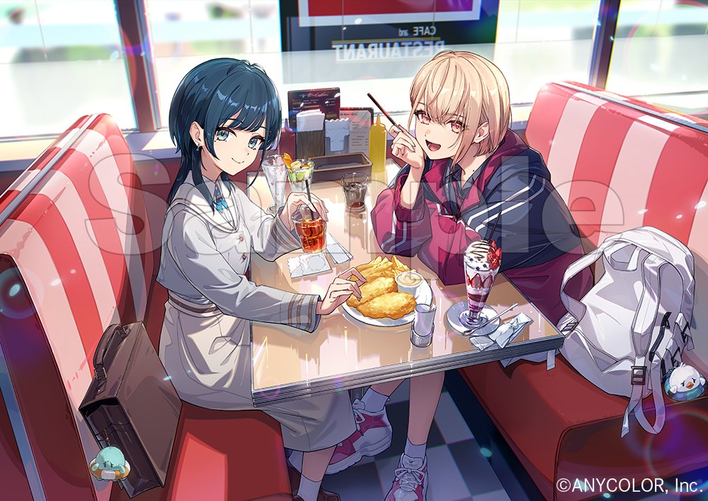 essual (layer world), nijisanji, commentary request, official art, 2girls, :d, backpack, bag, bag charm, black hair, blonde hair, brown bag, charm (object), chocolate syrup, closed mouth, collared shirt, company name, copyright notice, drink, food, french fries, fruit, glass, grey eyes, grey jacket, grey shirt, holding, ice cream, jacket, ketchup bottle, lower teeth only, minamo madoka, multiple girls, mustard bottle, open mouth, orange eyes, plate, red jacket, red shoes, sample watermark, shirasa ayane, shirt, shoelaces, shoes, sitting, skirt, smile, sneakers, socks, strawberry, table, teeth, tongue, virtual youtuber, watermark, white bag, white shirt, white skirt, white socks