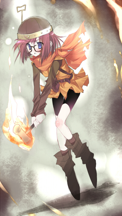 karory, lucca ashtear, chrono (series), chrono trigger, 1990s (style), 1girl, bike shorts, blue eyes, blush, boots, female focus, fire, full body, glasses, hat, helmet, open mouth, purple hair, short hair, solo