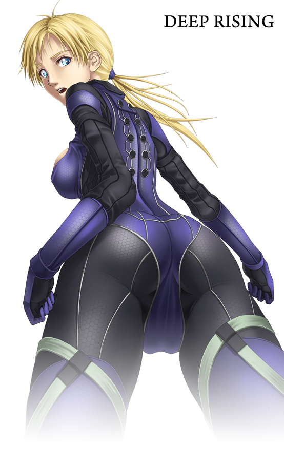 thor (deep rising), jill valentine, capcom, resident evil, resident evil 5, 1girl, ass, blonde hair, blue eyes, bodysuit, breasts, female focus, long hair, looking back, looking down, open mouth, ponytail, simple background, solo, white background
