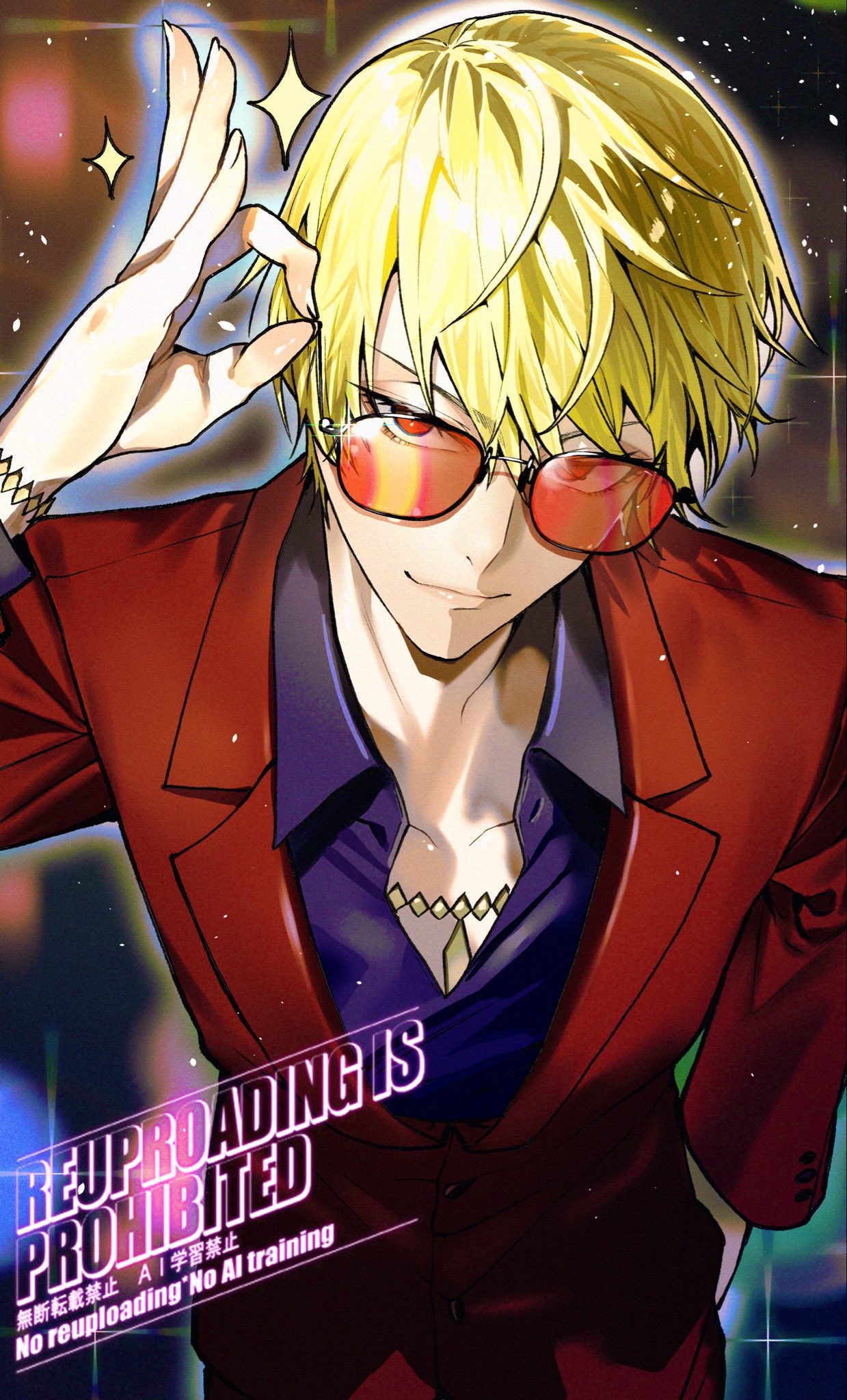 goryu hant, gilgamesh (fate), fate/strange fake, fate (series), hashtag-only commentary, highres, 1boy, arm up, blonde hair, blue shirt, closed mouth, collared shirt, formal clothes, glasses, hand in pocket, jacket, lapels, long sleeves, looking at viewer, male focus, notched lapels, ok sign, open collar, orange-tinted eyewear, red eyes, red suit, shirt, solo, suit, suit jacket, tinted eyewear, watermark, wing collar