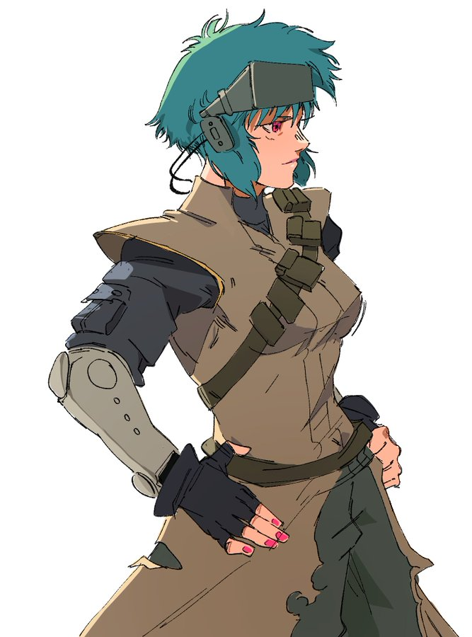 raph mavrost, kusanagi motoko, ghost in the shell, commentary, english commentary, 1girl, aqua hair, black gloves, brown coat, brown pants, coat, fingerless gloves, gloves, head-mounted display, looking to the side, medium hair, nail polish, pants, pink eyes, pink nails, simple background, solo, the ghost in the shell, white background