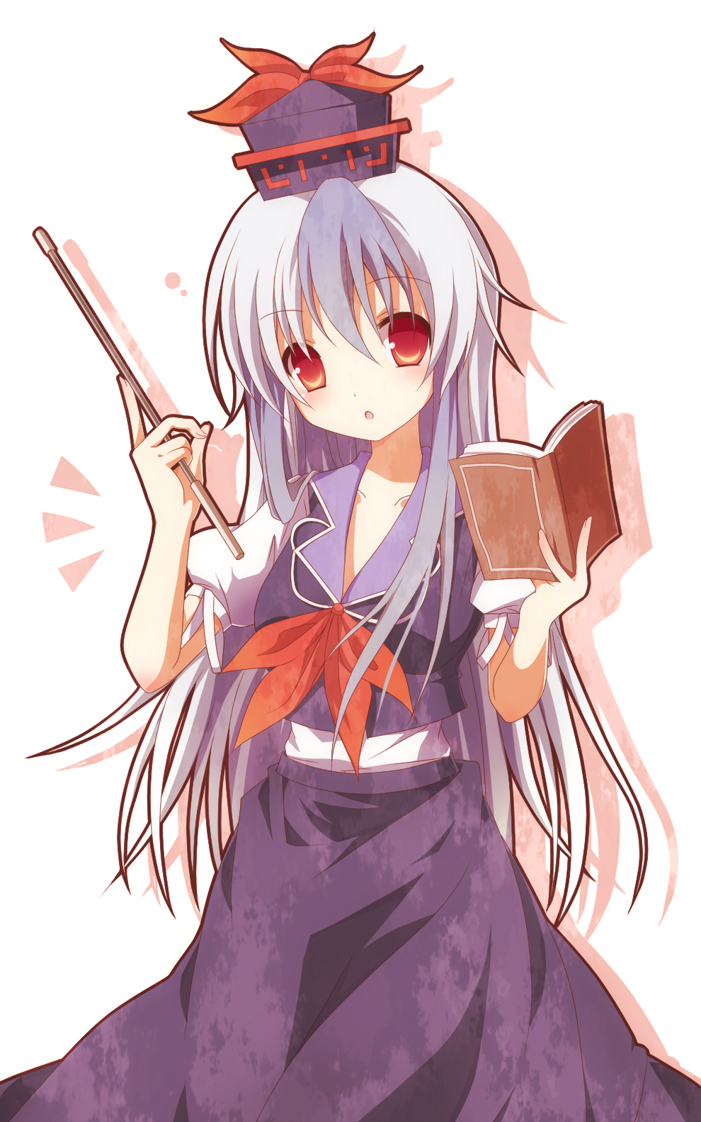 kikugetsu, munyunyu, kamishirasawa keine, touhou, baton, highres, 1girl, blue hair, book, female focus, hat, long hair, multicolored hair, pointer, red eyes, solo, teacher, two-tone hair