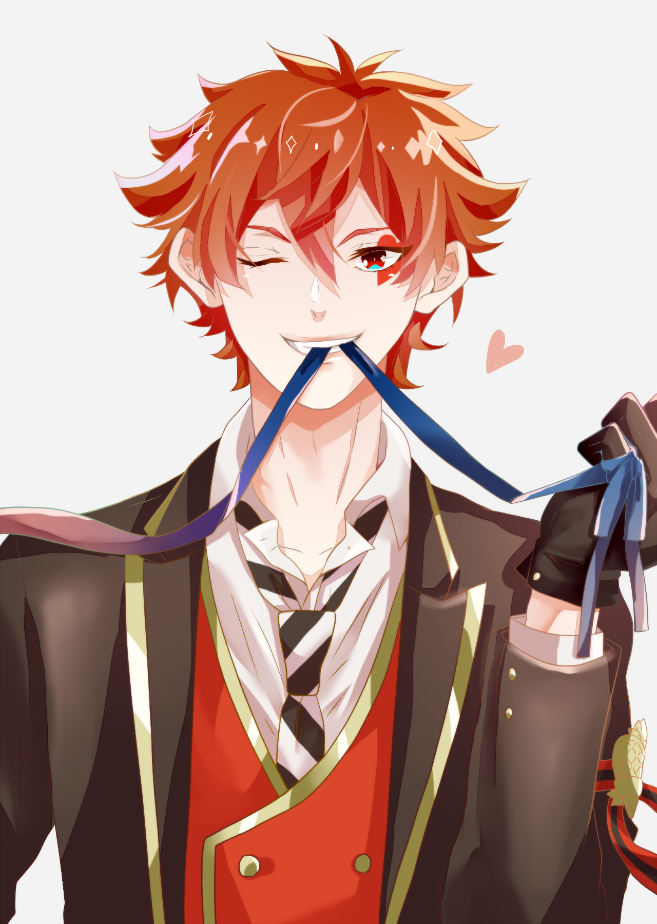 ace trappola, twisted wonderland, commentary request, highres, 1boy, armpits, black gloves, facepaint, gloves, heart, heart tattoo, male focus, necktie, one eye closed, orange hair, red eyes, short hair, shouroom, striped clothes, striped necktie, tattoo, white background