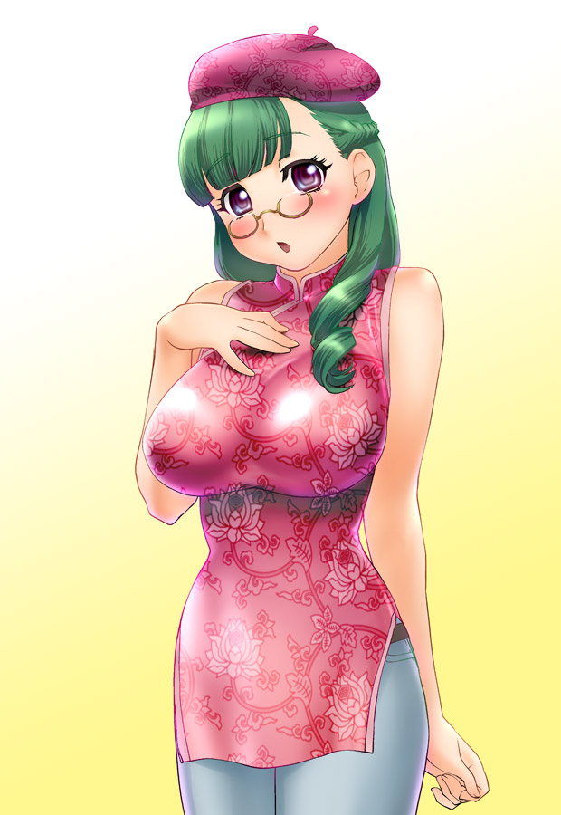 ueyama michirou, original, 1girl, :o, bare shoulders, beret, blush, china dress, chinese clothes, denim, dress, female focus, fictional persona, glasses, green hair, hat, jeans, pants, purple eyes, self-portrait, solo