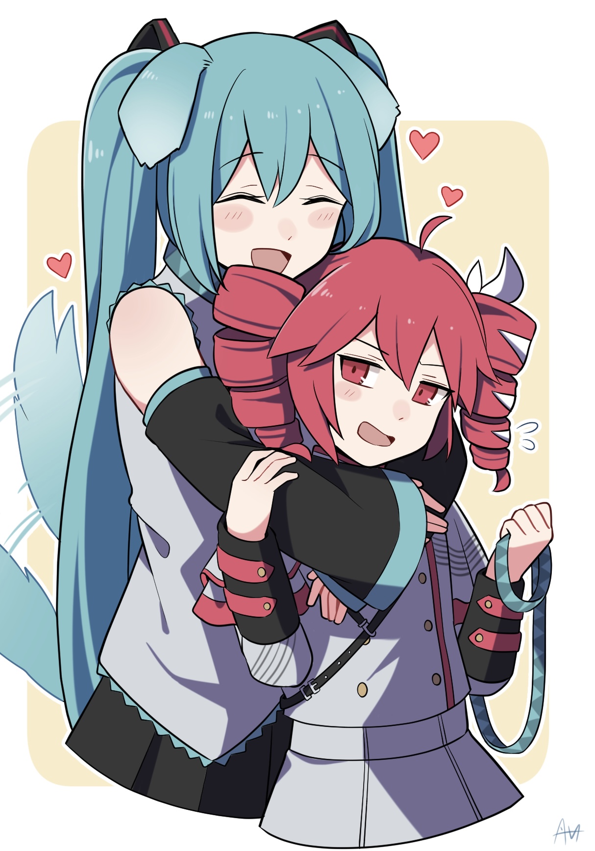 sato (r017xts117), hatsune miku, kasane teto, kasane teto (sv), synthesizer v, utau, vocaloid, commentary request, highres, 2girls, ahoge, animal ears, aqua hair, aqua necktie, black skirt, black sleeves, blush, bow, breasts, buttons, closed eyes, collared shirt, detached sleeves, dog ears, dog girl, double-breasted, drill hair, grey jacket, grey skirt, hair between eyes, hair bow, hair ornament, hair ribbon, hug, hug from behind, jacket, layered skirt, layered sleeves, long hair, looking at viewer, medium breasts, midriff, miniskirt, multiple girls, necktie, open mouth, red hair, red trim, ribbon, shirt, skirt, sleeveless, sleeveless shirt, smile, tail, tail wagging, twin drills, twintails, very long hair, white bow, white ribbon, yellow background