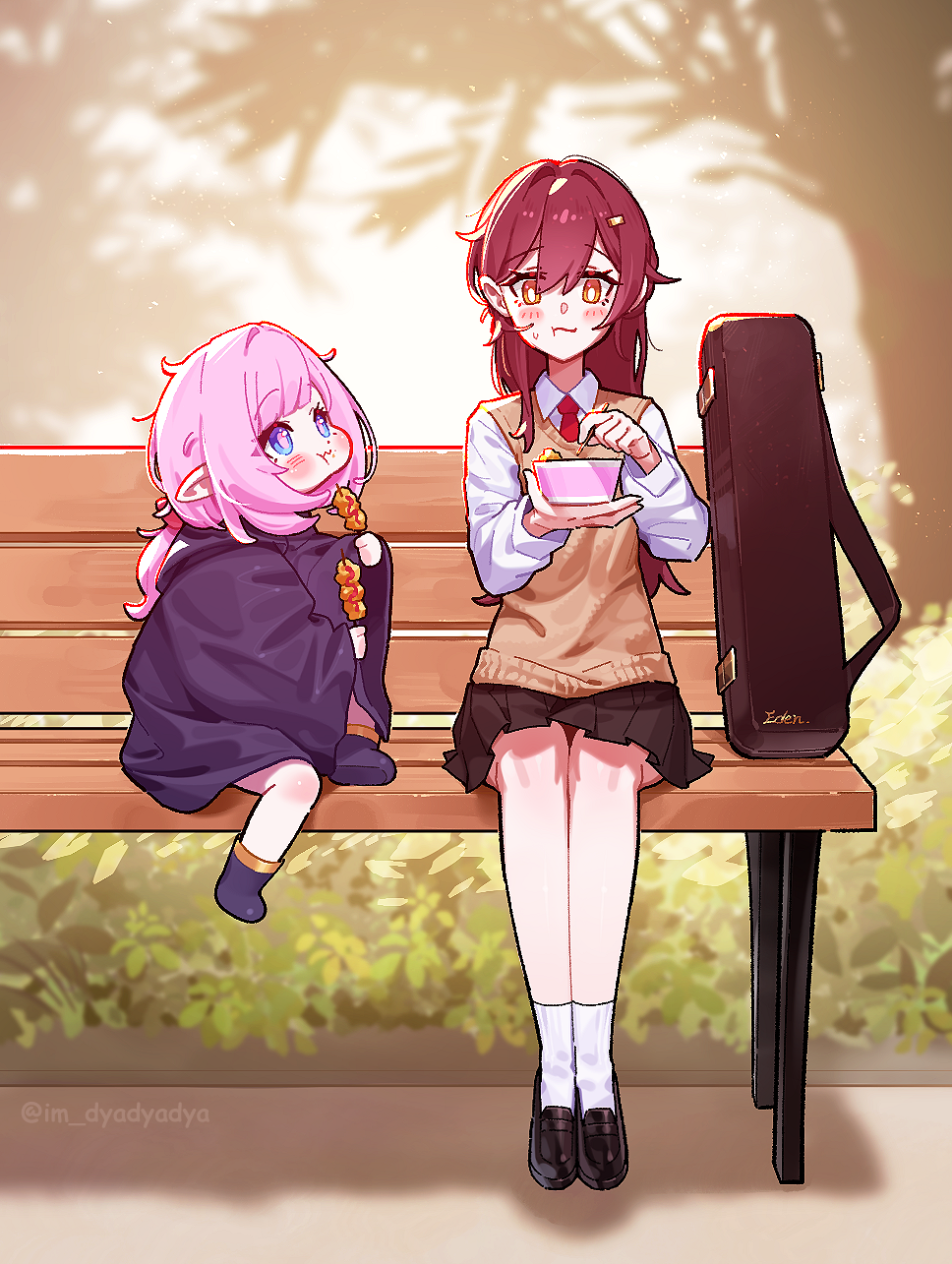 dyadyadya, eden (honkai impact), elysia (honkai impact), honkai (series), honkai impact 3rd, commentary, english commentary, highres, 2girls, aged down, bench, black cloak, black skirt, blue eyes, blush, bright pupils, brochette, brown cardigan, brown hair, cardigan, cloak, eating, food, food in mouth, instrument case, long hair, multiple girls, necktie, on bench, outdoors, pink hair, pink pupils, red necktie, school uniform, shirt, skirt, twitter username, white pupils, white shirt, yellow eyes
