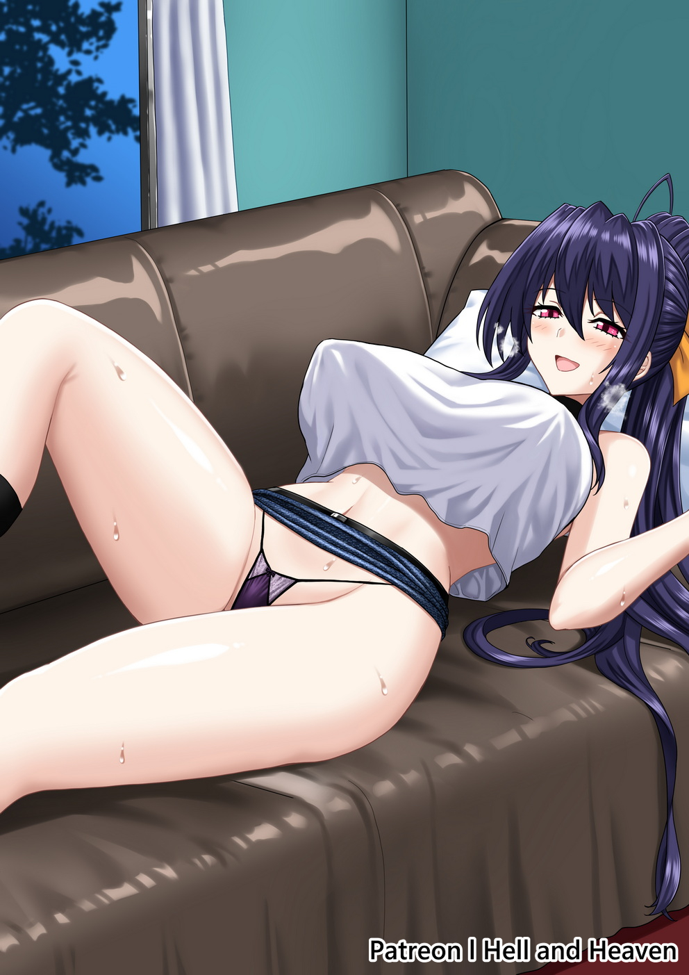 hellandheaven, himejima akeno, high school dxd, commentary, highres, 1boy, 1girl, ass, bare shoulders, black panties, blue hair, blue skirt, blush, breasts, breath, chair, coach, erection, high ponytail, indoors, large breasts, long hair, lying, miniskirt, on back, on chair, panties, ponytail, purple eyes, shirt, skirt, solo, spaghetti strap, sweat, underwear, white shirt