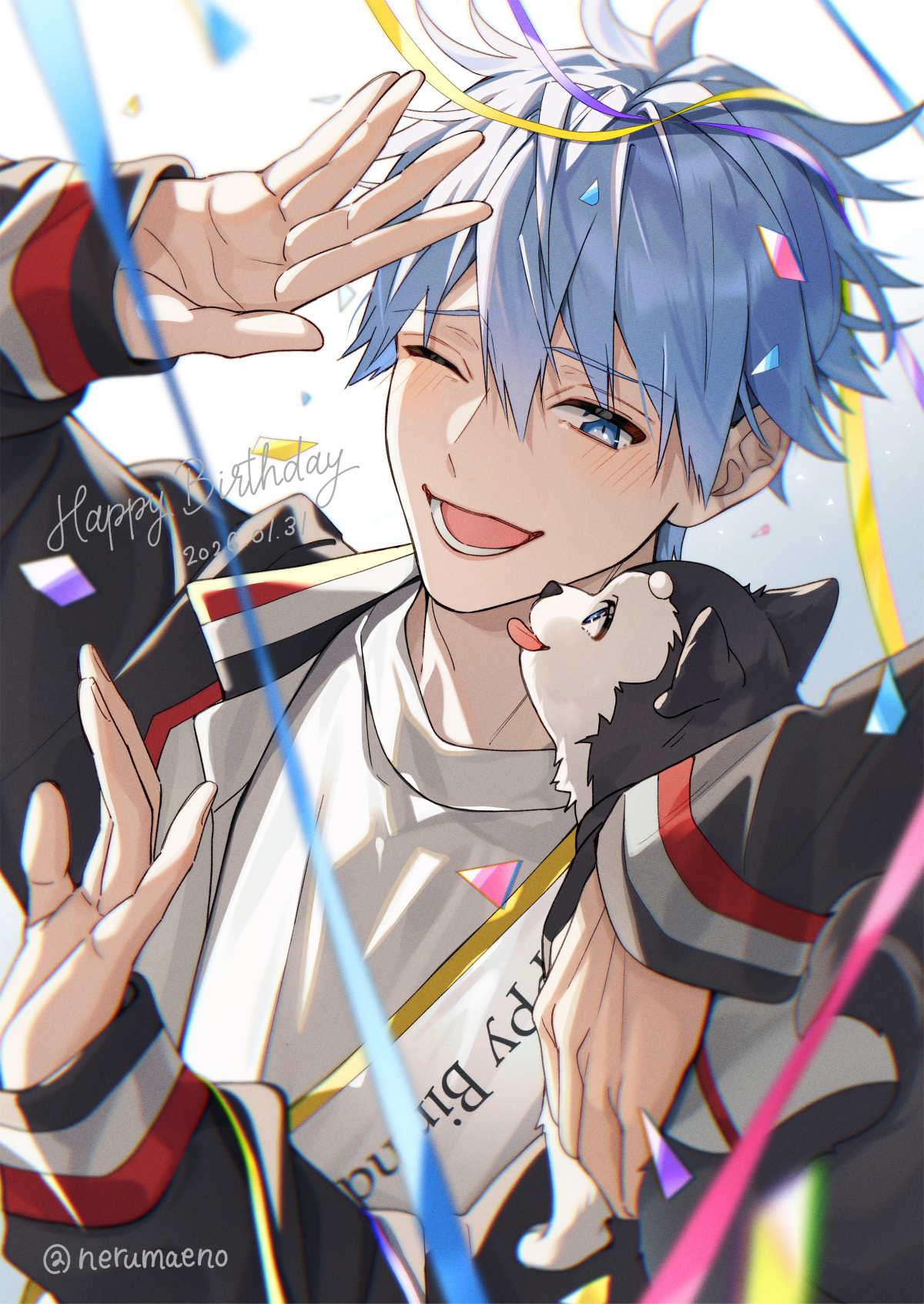 nerumaeno, kuroko tetsuya, tetsuya ni gou, kuroko no basuke, commentary request, highres, 1boy, animal, arms up, blue eyes, blue hair, crew neck, dog, dutch angle, eye contact, happy birthday, holding, holding animal, holding dog, jacket, long sleeves, looking at another, looking to the side, male focus, one eye closed, open clothes, open jacket, open mouth, sash, shirt, smile, solo focus, streamers, tongue, tongue out, twitter username, upper body, white shirt