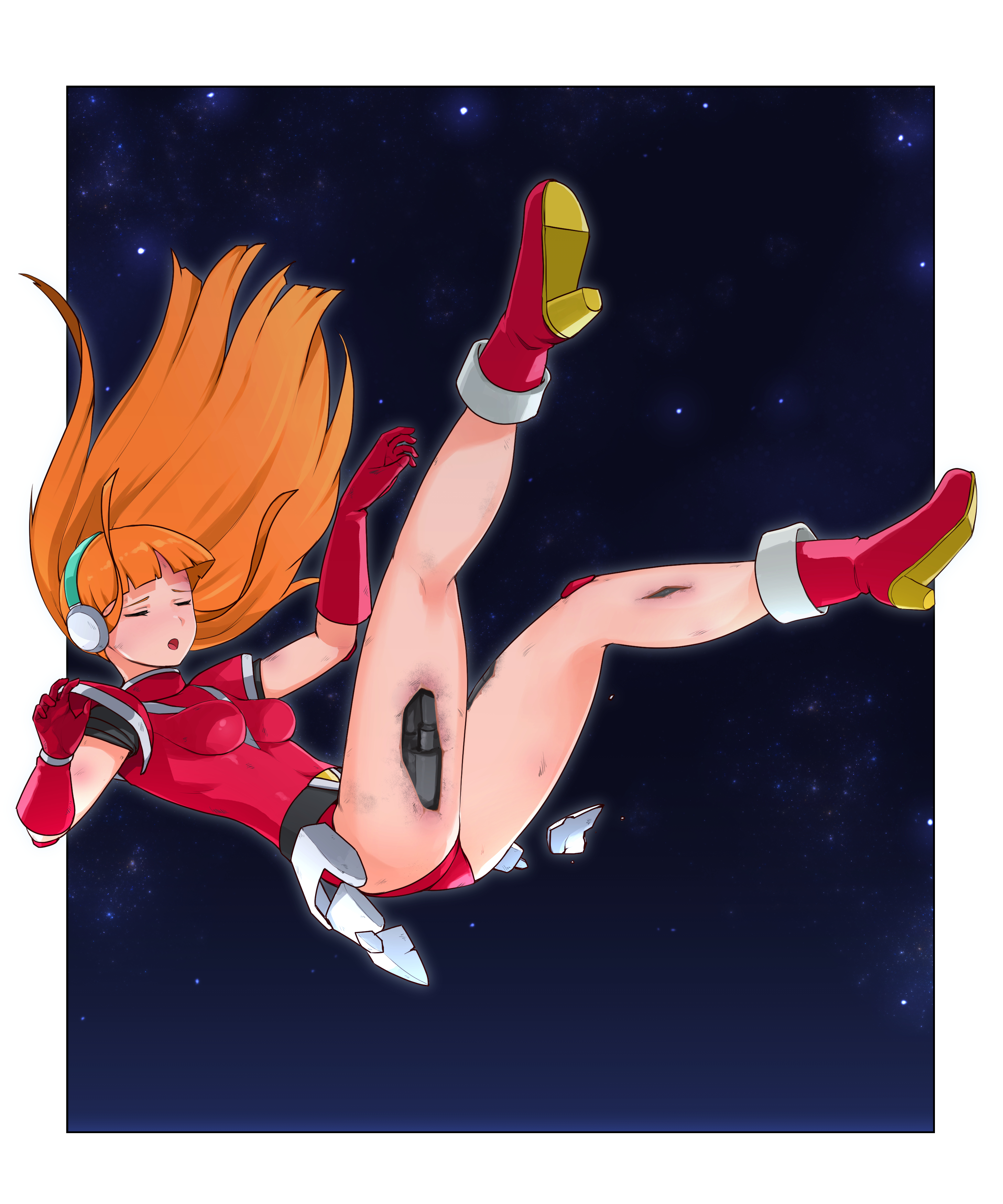 tuzi717, altiana, space hunter, absurdres, commentary request, highres, 1girl, blunt bangs, boots, breasts, cyborg, defeat, falling, gloves, injury, leotard, long hair, mechabare, medium breasts, orange hair, red boots, red gloves, red leotard, solo, space