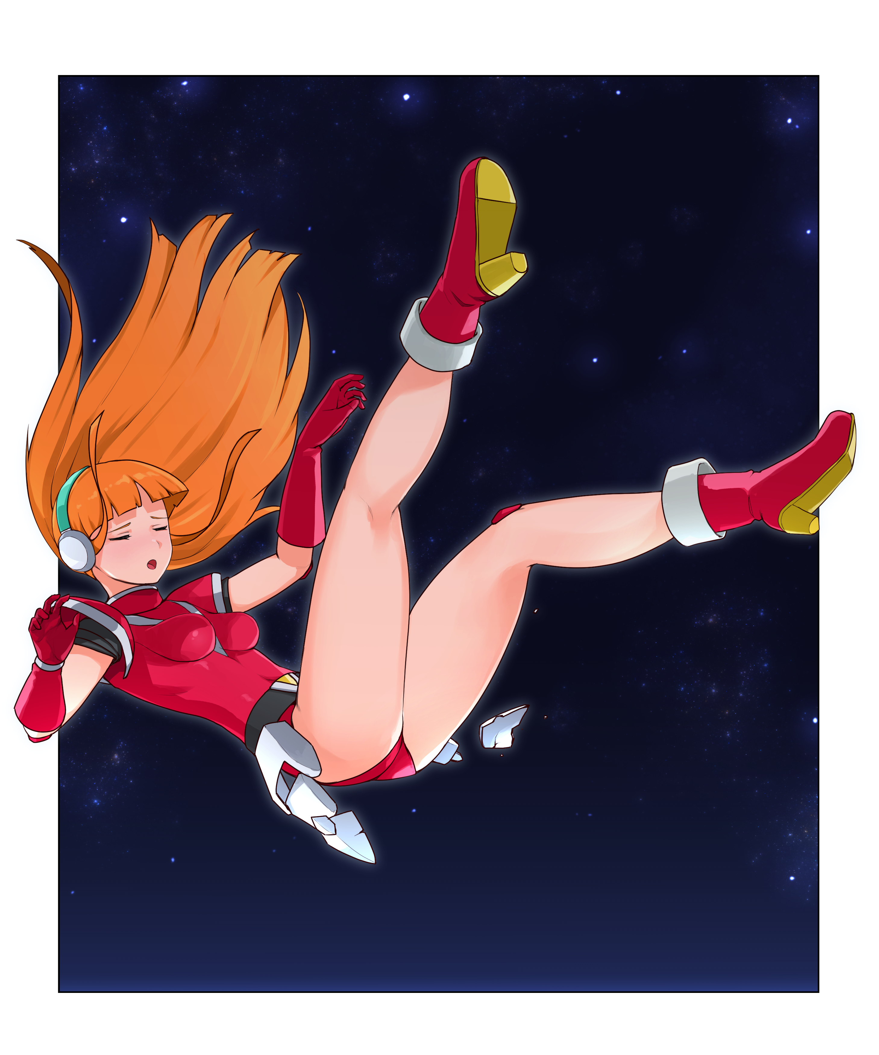 tuzi717, altiana, space hunter, absurdres, commentary request, highres, 1girl, blunt bangs, boots, breasts, closed eyes, cyborg, falling, gloves, leotard, long hair, medium breasts, orange hair, red boots, red gloves, red leotard, solo, space