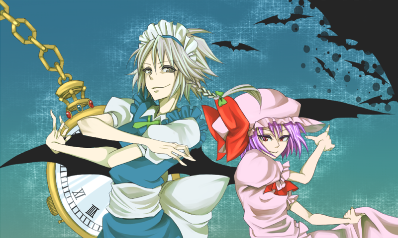 shirotsume, izayoi sakuya, remilia scarlet, touhou, 2girls, bat (animal), bat wings, female focus, hat, maid headdress, multiple girls, pocket watch, smirk, watch, wings