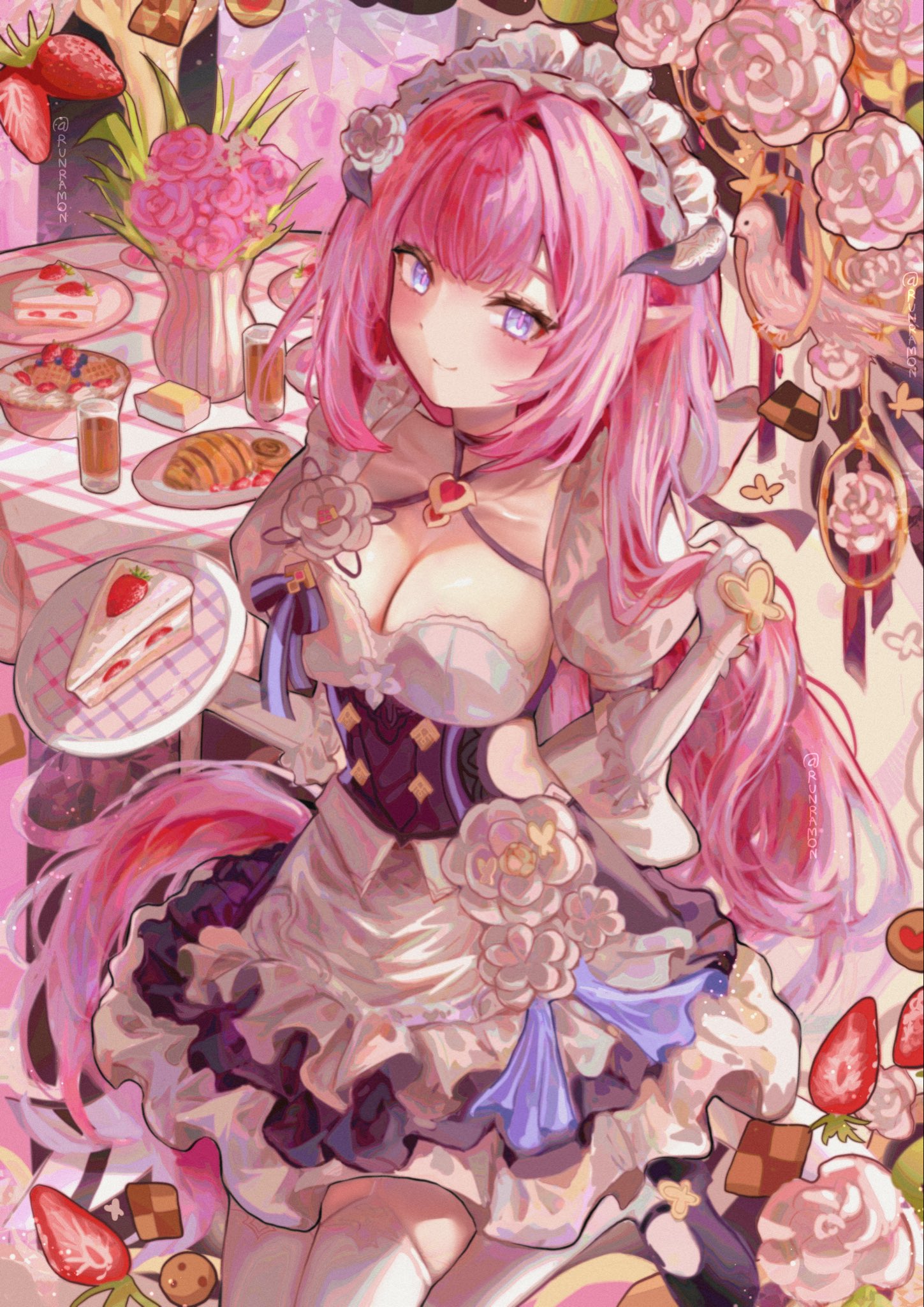 elysia (honkai impact), elysia (miss pink) (honkai impact), elysia (miss pink elf) (honkai impact), honkai (series), honkai impact 3rd, hashtag-only commentary, highres, 1girl, apron, black dress, black horns, blue eyes, breasts, cake, cake slice, cleavage, dress, drink, elf, fake horns, flower, food, gloves, holding, holding plate, horns, large breasts, long hair, looking at viewer, maid, maid apron, maid headdress, official alternate costume, pink flower, pink hair, pink rose, plate, pointy ears, rose, runramon, smile, solo, thighhighs, thighs, twitter username, very long hair, white apron, white flower, white gloves, white rose, white thighhighs