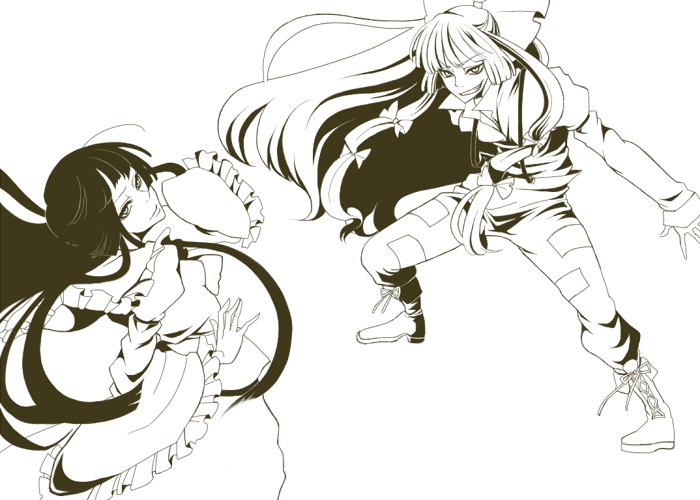 shirotsume, fujiwara no mokou, houraisan kaguya, touhou, 2girls, female focus, long hair, looking back, monochrome, multiple girls, rivalry, smile