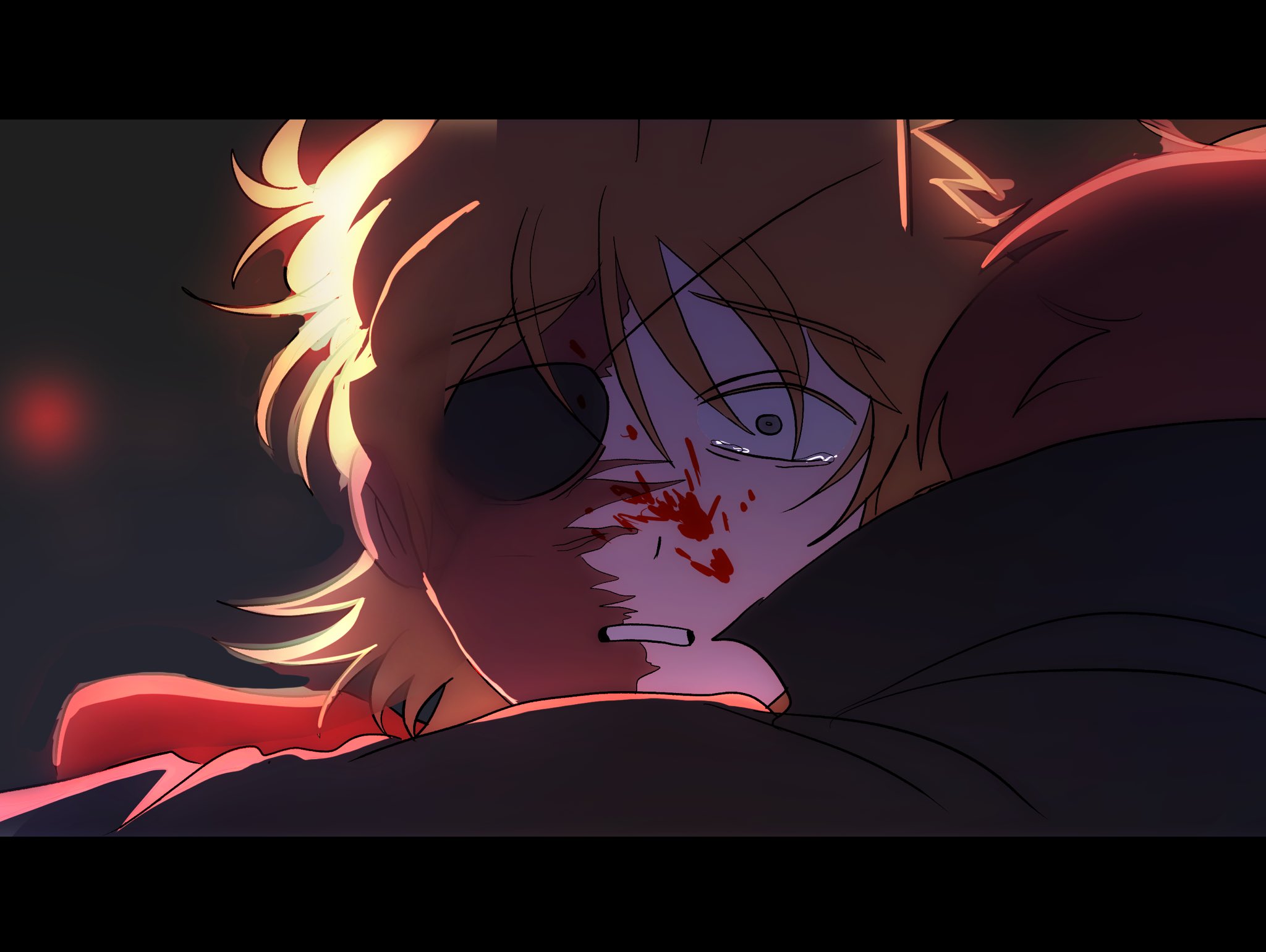 edd (eddsworld), future edd (eddsworld), alien stage, eddsworld, commentary, derivative work, english commentary, highres, screenshot redraw, 2boys, animification, antenna hair, backlighting, black coat, blood, blood on face, blurry, blurry background, bokeh, brown hair, burn scar, coat, depth of field, eyepatch, fake screenshot, flipped hair, grey eyes, hair ears, hood, hood down, hoodie, hug, letterboxed, male focus, multiple boys, parody, peluituap, portrait, red hoodie, red leader (eddsworld), scar, short hair, tears, tord (eddsworld), wide-eyed, yaoi