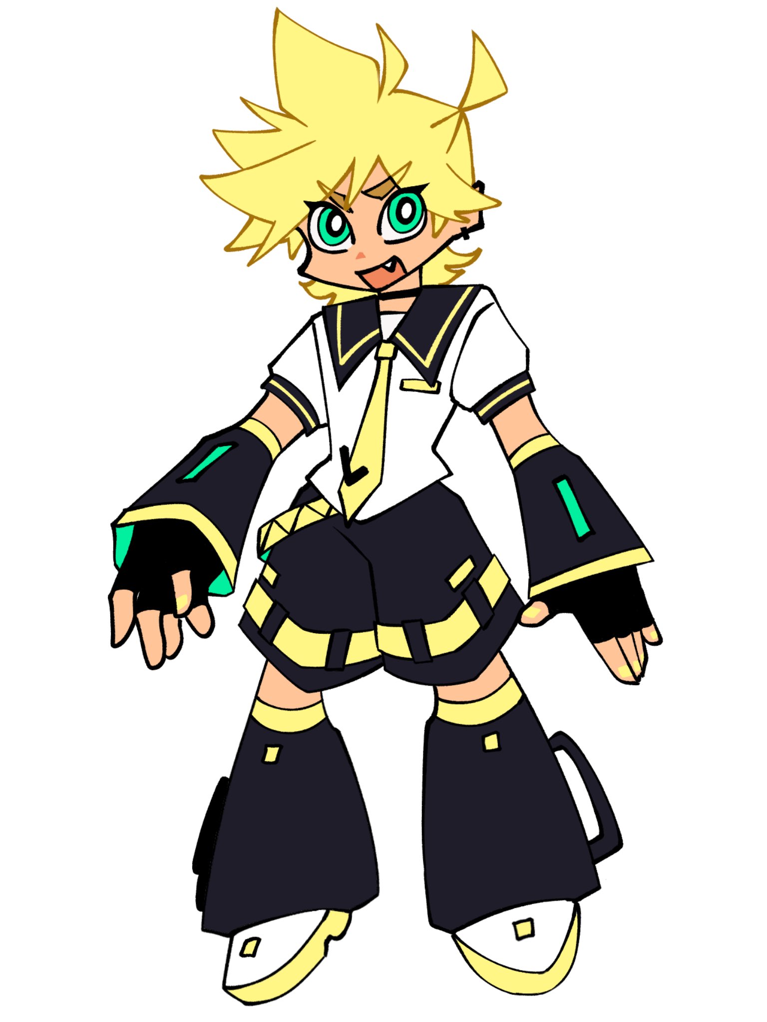 kagamine len, vocaloid, commentary, english commentary, highres, 1boy, belt, black leg warmers, black sailor collar, black shorts, blonde hair, fang, green eyes, leg warmers, male focus, panty & stocking with garterbelt (style), parti poppers, sailor collar, shirt, short hair, shorts, solo, solo focus, thick eyebrows, toon (style), white background, white shirt, yellow belt, yellow nails