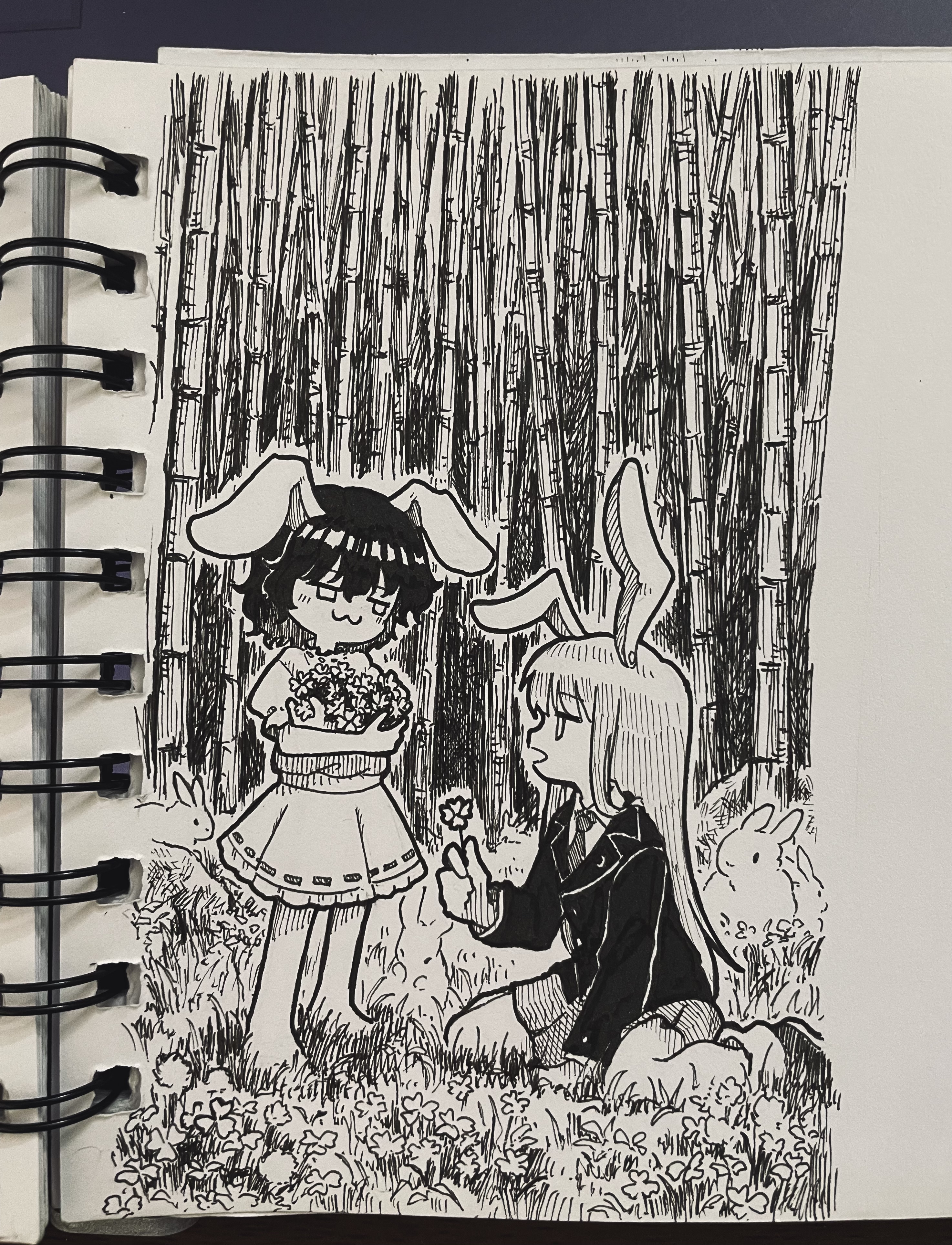 suteruko, inaba tewi, reisen udongein inaba, touhou, absurdres, highres, photo (medium), traditional media, 2girls, :3, animal ears, bamboo, bamboo forest, blazer, closed mouth, clover, collared shirt, crescent, crescent pin, dress, forest, four-leaf clover, holding, jacket, long hair, monochrome, multiple girls, nature, necktie, rabbit, rabbit ears, rabbit girl, ribbon-trimmed dress, ribbon trim, shirt, shoes, sitting, skirt, smile, smug, socks, very long hair, wariza