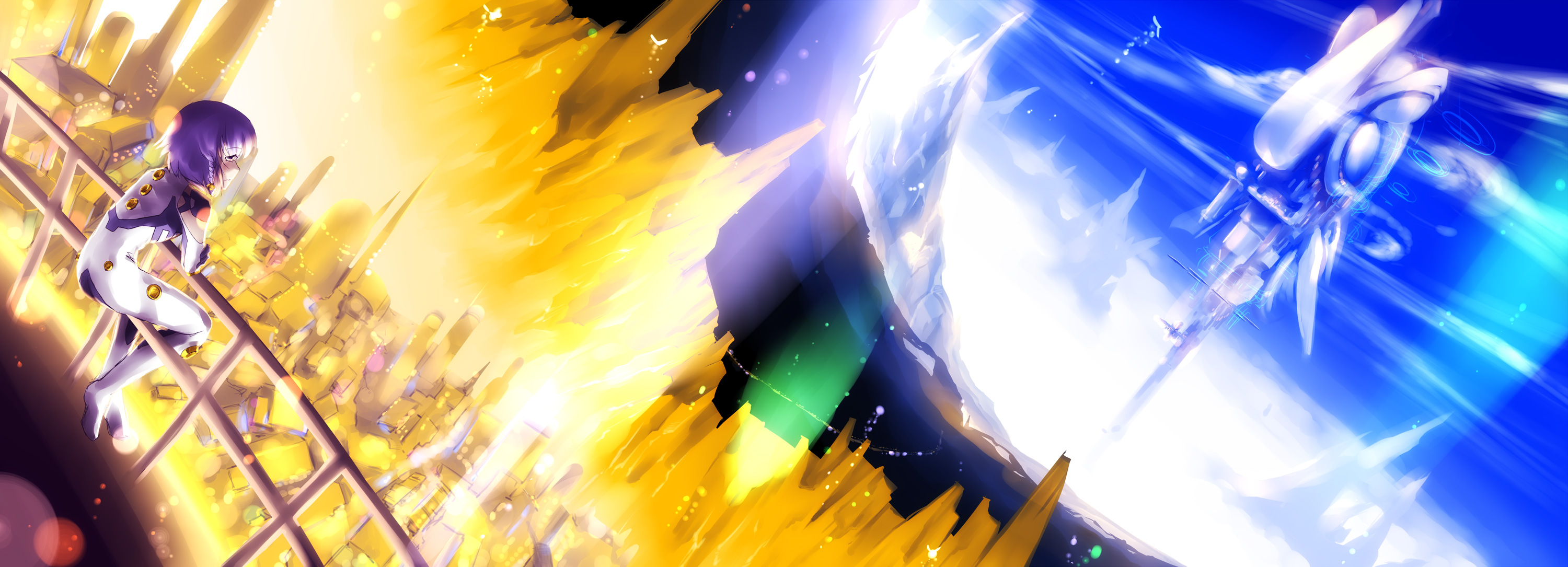 kamotama, tilia (ar tonelico), ar tonelico, ar tonelico iii, gust, highres, long image, panorama, wide image, 1girl, bodysuit, braid, cloud, fantasy, female focus, from behind, hair ornament, looking afar, profile, purple eyes, purple hair, railing, scenery, short hair, sitting, sky, solo, tower