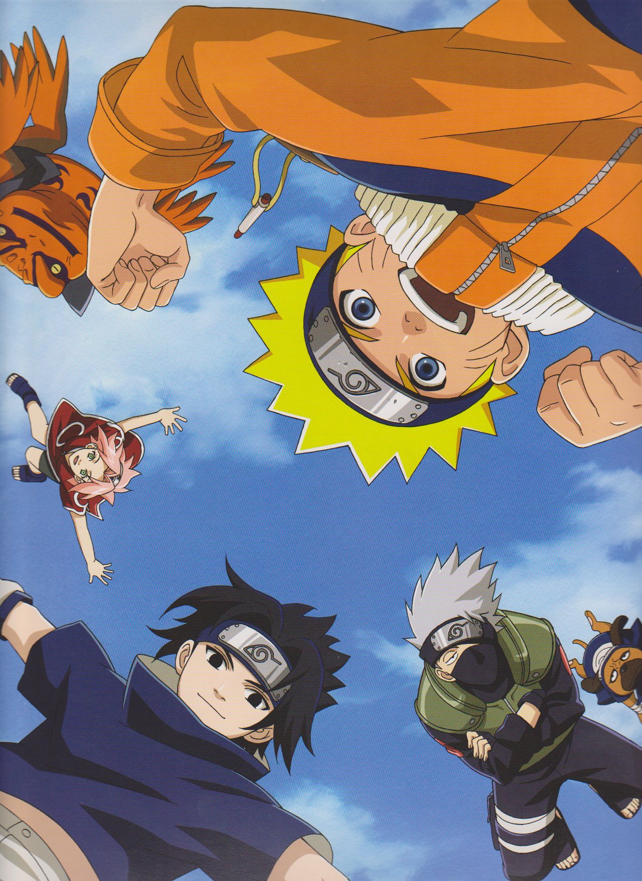gamakichi, haruno sakura, hatake kakashi, uchiha sasuke, uzumaki naruto, naruto (classic), naruto (series), artist request, highres, official art, 1girl, 3boys, black hair, blonde hair, blue eyes, cloud, day, frog, from below, green eyes, multiple boys, one eye covered, outdoors, pink hair, sky, toad (animal)
