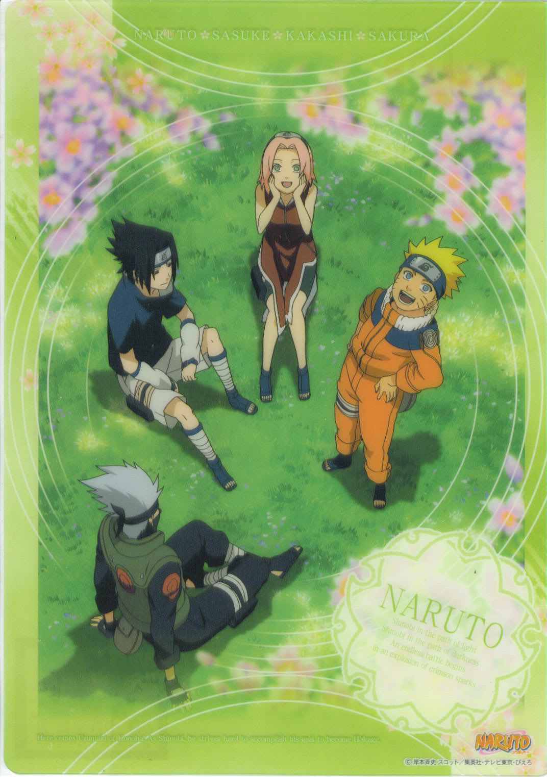 haruno sakura, hatake kakashi, uchiha sasuke, uzumaki naruto, naruto (classic), naruto (series), artist request, highres, 1girl, 3boys, black hair, blonde hair, blue eyes, green eyes, multiple boys, pink hair