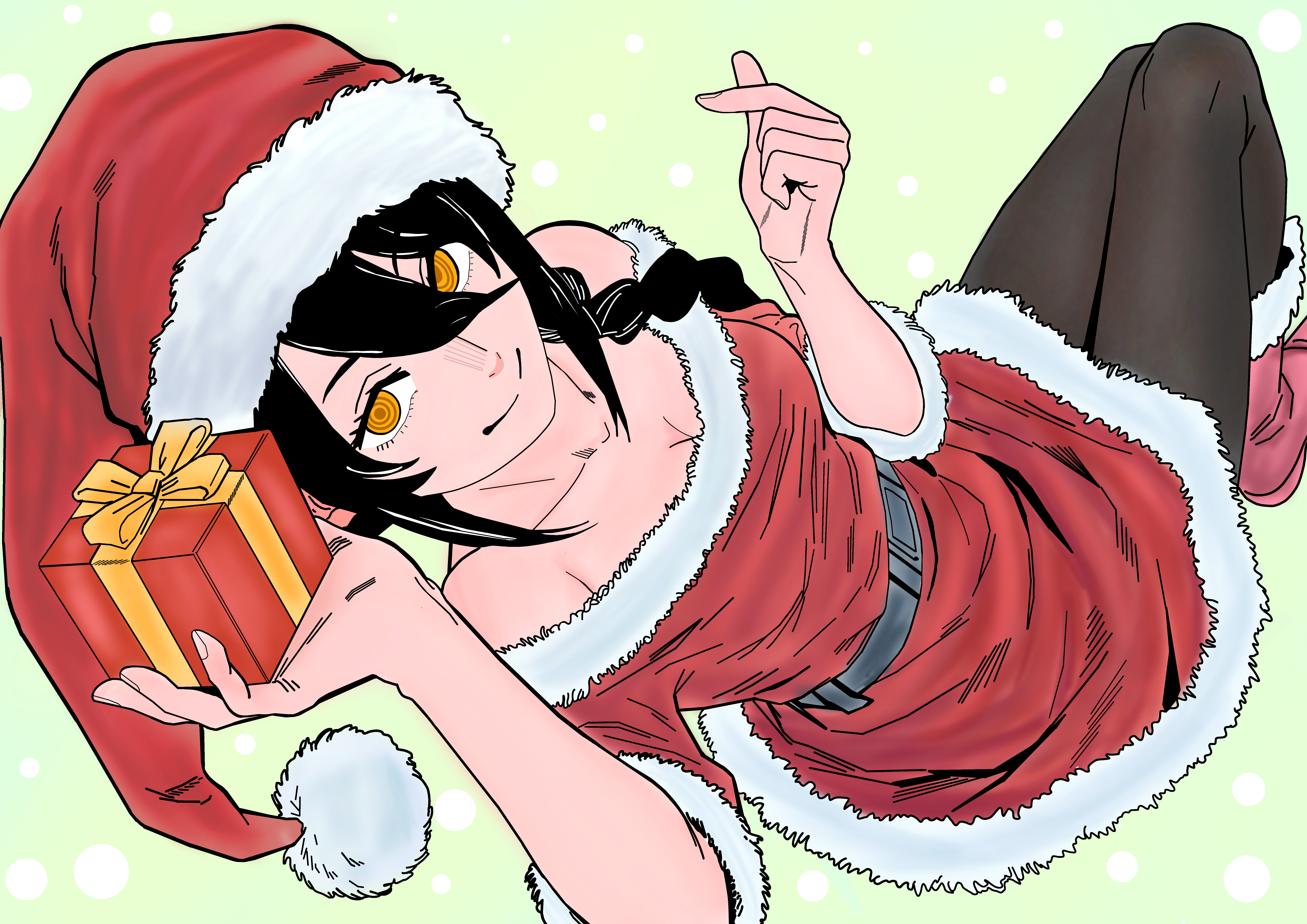 nayuta (chainsaw man), chainsaw man, absurdres, commentary, english commentary, highres, 1girl, alternate costume, bare shoulders, belt, black belt, black hair, black pantyhose, boots, box, braid, breasts, christmas, cleavage, collarbone, dotted background, double-parted bangs, dress, finger heart, foot out of frame, from above, fujimoto tatsuki (style), fur-trimmed boots, fur-trimmed dress, fur-trimmed headwear, fur trim, gift, gift box, green background, hair between eyes, hair over shoulder, hat, holding, holding box, holding gift, jegaltong, legs together, long bangs, long hair, long hair between eyes, looking at viewer, medium breasts, off-shoulder dress, off shoulder, official style, orange eyes, pantyhose, pom pom (clothes), red boots, red dress, red hat, santa costume, santa dress, santa hat, short dress, simple background, single braid, sitting, solo, three-quarter sleeves, twisted torso