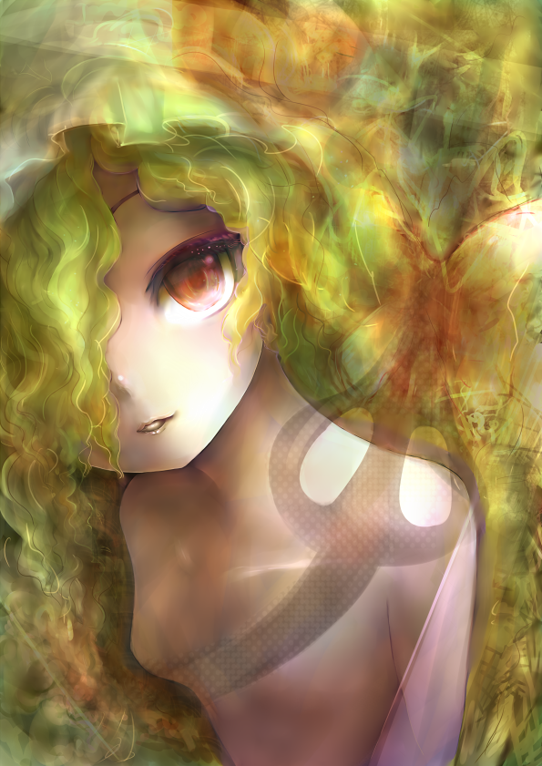 sanntouhei, flandre scarlet, embodiment of scarlet devil, touhou, bad id, bad pixiv id, 1girl, blonde hair, female focus, green background, hair over eyes, hair over one eye, lips, nude, red eyes, solo