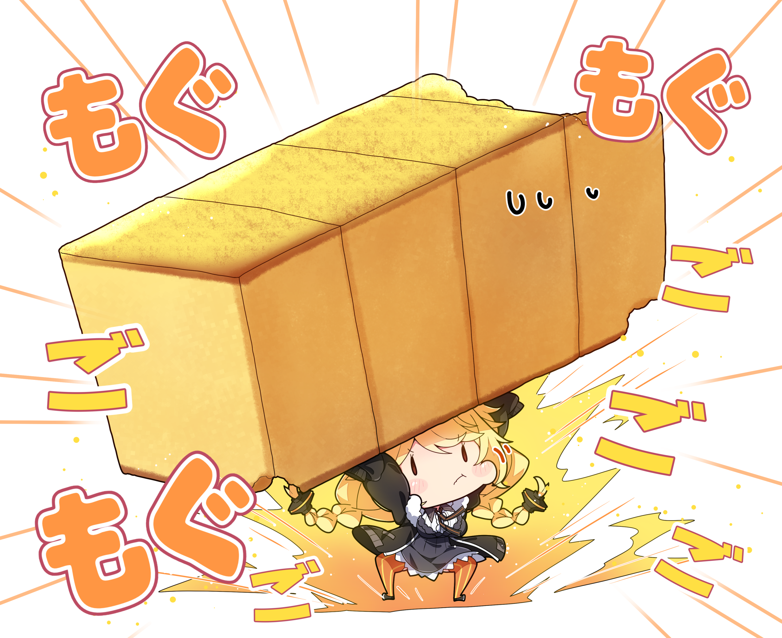 milkpanda, kizuna akari, voiceroid, commentary request, food request, highres, translation request, 1girl, :t, arms up, black jacket, braid, breasts, brown eyes, chibi, closed mouth, collared shirt, dress, emphasis lines, food, grey dress, holding, holding food, jacket, large breasts, long hair, long sleeves, low twintails, mini person, minigirl, open clothes, open jacket, orange pantyhose, pantyhose, puffy long sleeves, puffy sleeves, shirt, simple background, solid oval eyes, solo, standing, striped clothes, striped pantyhose, sweat, twin braids, twintails, vertical-striped clothes, vertical-striped pantyhose, very long hair, wavy mouth, white background, white hair, white shirt