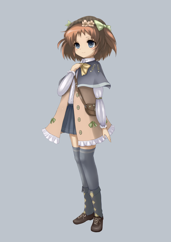 sanntouhei, original, bad id, bad pixiv id, 1girl, bag, beret, black thighhighs, blue eyes, brown hair, buttons, capelet, female focus, flower, full body, hair flower, hair ornament, handbag, hat, musical note, ribbon, shoes, simple background, skirt, solo, standing, thighhighs, zettai ryouiki