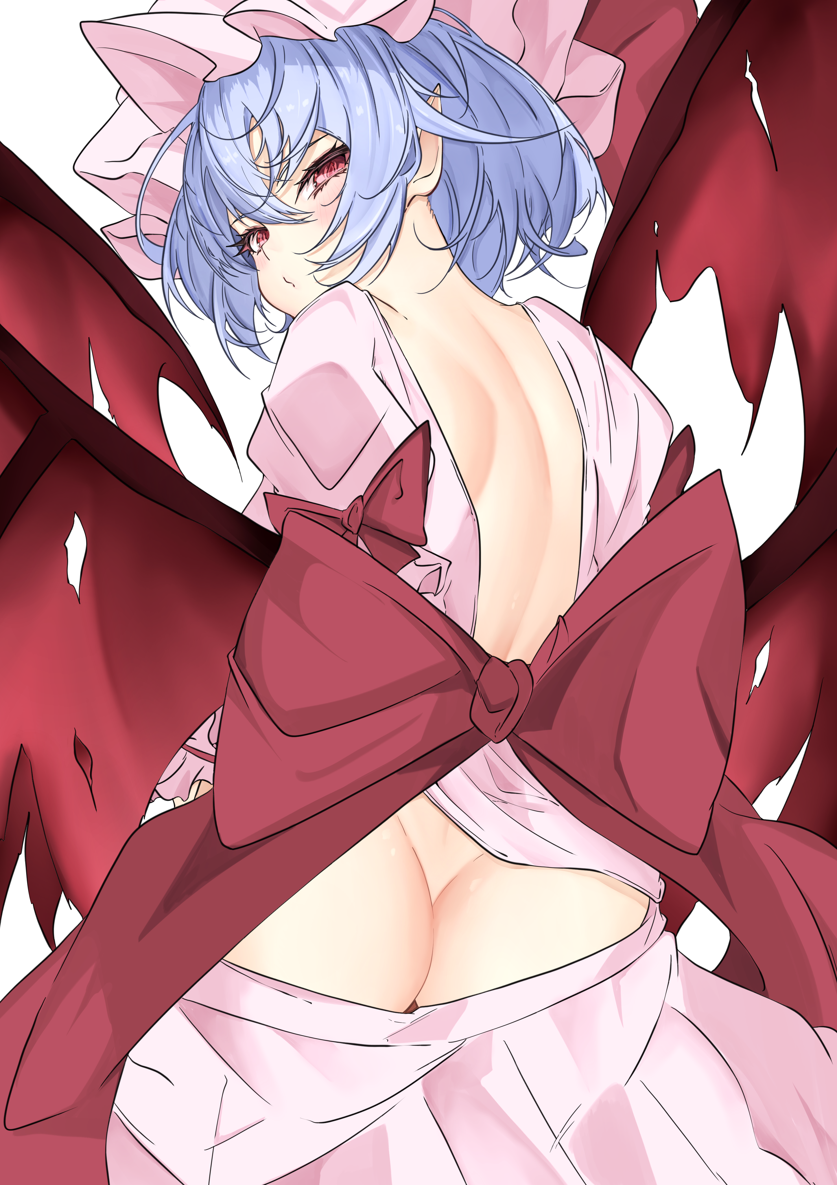 unanooo (fthx7532), remilia scarlet, touhou, absurdres, commentary request, highres, 1girl, ass, back, back bow, bat wings, blue hair, bow, clothes pull, from behind, hat, hat ribbon, looking at viewer, looking back, medium hair, mob cap, no panties, pink hat, pink shirt, pink skirt, pointy ears, red bow, red eyes, red wings, ribbon, shirt, simple background, skirt, skirt pull, solo, white background, wings