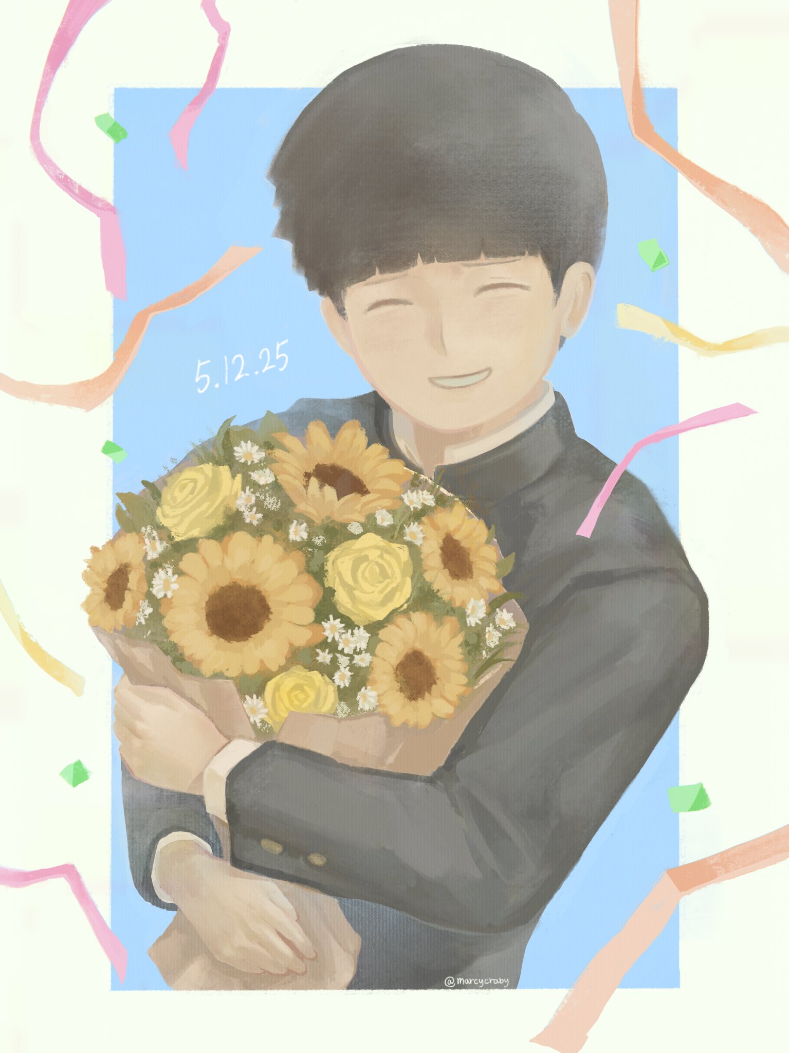 kageyama shigeo, mob psycho 100, commentary, highres, symbol-only commentary, 1boy, black hair, blue border, border, bouquet, bowl cut, closed eyes, closed mouth, dated, facing viewer, flower, gakuran, grin, holding, holding bouquet, male focus, marcycraby, outside border, school uniform, short hair, smile, solo, twitter username, upper body, white border