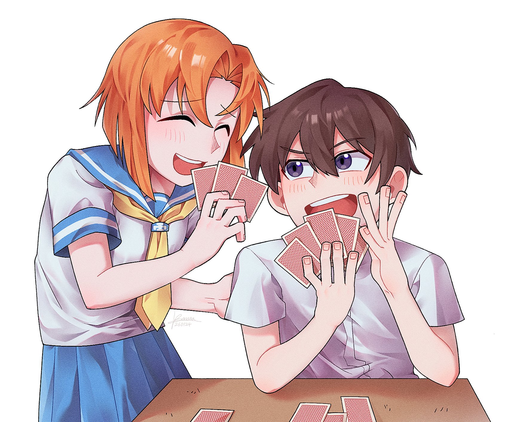 maebara keiichi, ryuuguu rena, higurashi no naku koro ni, highres, 1boy, 1girl, banana (877 trice), blue sailor collar, blue skirt, blush, brown hair, card, card game, closed eyes, dated, desk, hand up, holding, holding card, looking at another, neckerchief, open mouth, orange hair, playing card, playing games, purple eyes, sailor collar, school desk, school uniform, serafuku, shirt, short hair, short sleeves, signature, simple background, sitting, skirt, smile, teeth, upper teeth only, white background, white shirt, yellow neckerchief