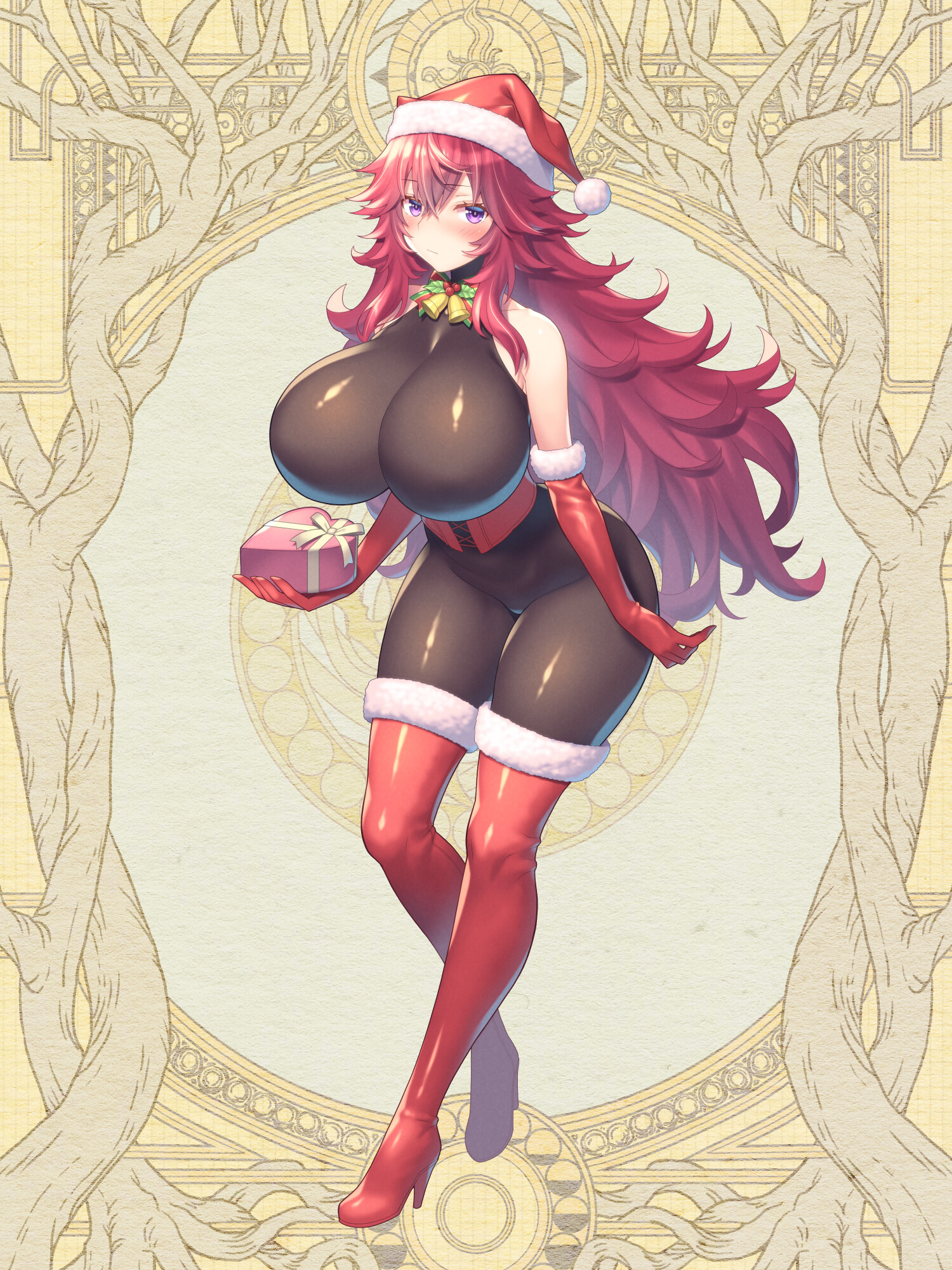 akito akaishi, dairoku ryouhei, highres, 1girl, bell, black bodysuit, bodysuit, boots, box, breasts, corset, elbow gloves, fran stilleto, fur-trimmed boots, fur trim, gift, gloves, hat, heart-shaped box, high heel boots, high heels, holly, long hair, purple eyes, red boots, red gloves, red hair, red hat, santa hat, standing, thigh boots, yellow background