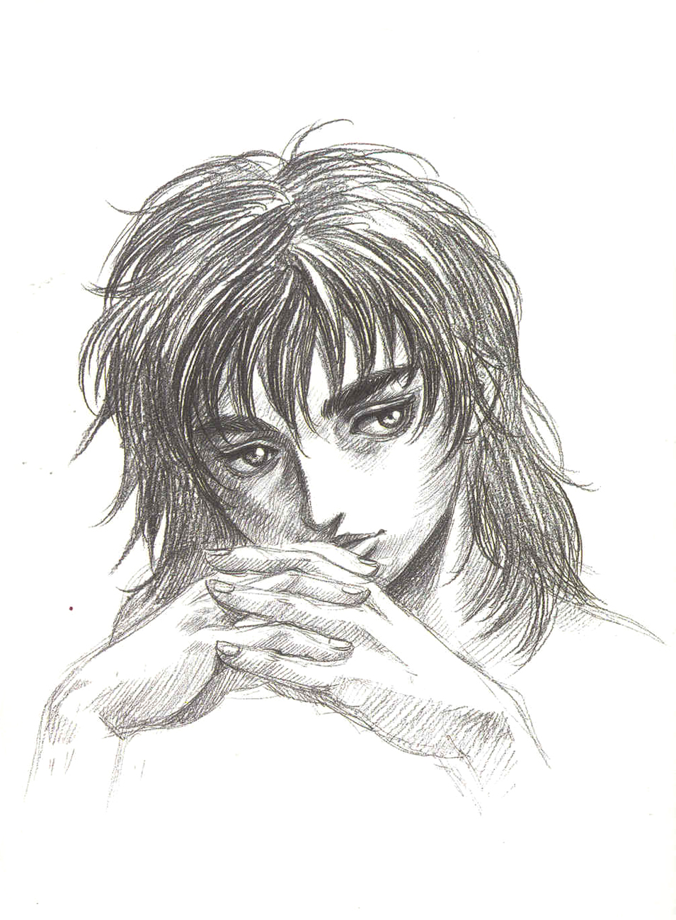 casca (berserk), berserk, highres, traditional media, 1990s (style), 1girl, female focus, greyscale, monochrome, pencil, retro artstyle, sketch, solo