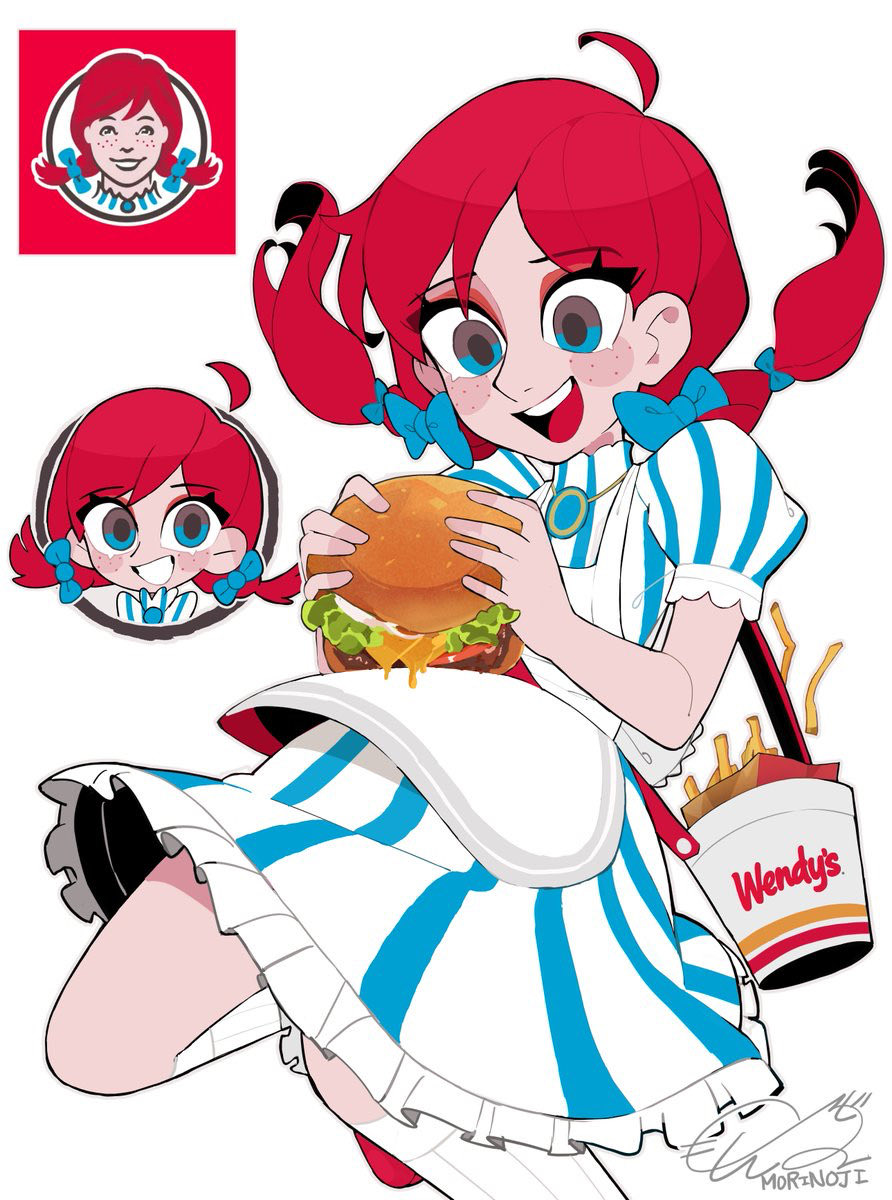 mori no ji, wendy (wendy's), wendy's, highres, 1girl, ahoge, artist name, blue eyes, burger, dress, food, freckles, french fries, frills, low twintails, multiple persona, open mouth, pinstripe pattern, puffy short sleeves, puffy sleeves, red hair, short sleeves, signature, smile, striped clothes, striped dress, twintails, vertical-striped clothes, vertical-striped dress