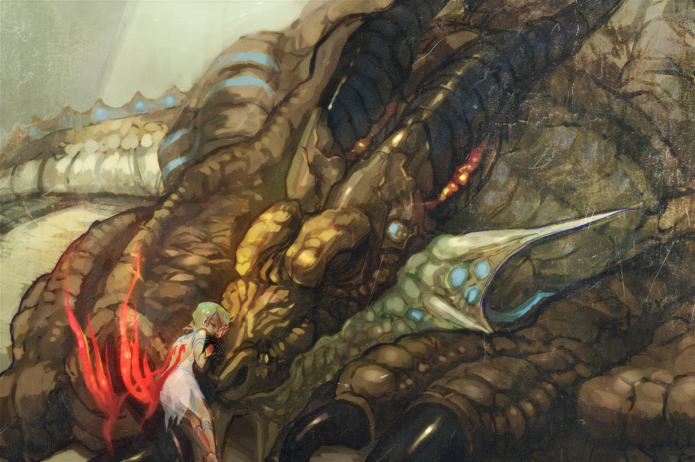 todot, nina (breath of fire v), odjn, ryu (breath of fire v), breath of fire, breath of fire v, capcom, bad id, bad pixiv id, 1girl, animal focus, barefoot, dragon, dress, green hair, monster, red wings, short hair, sleeping, wings